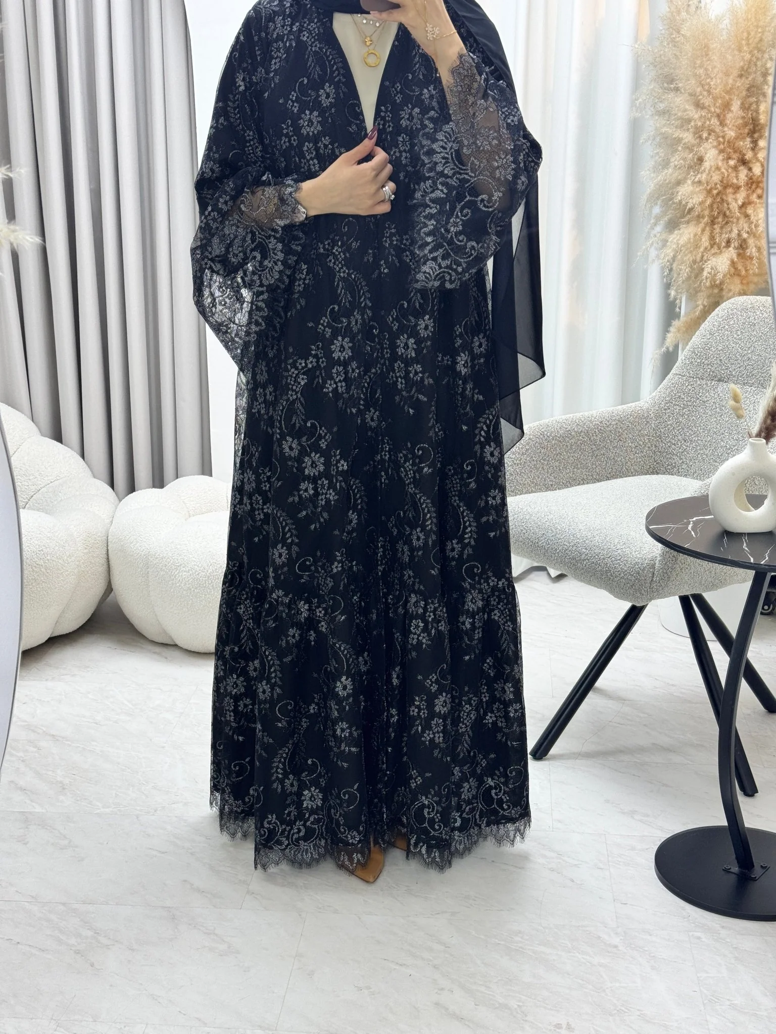 C 1290-04 Silver Black Dantel Abaya - Image 4