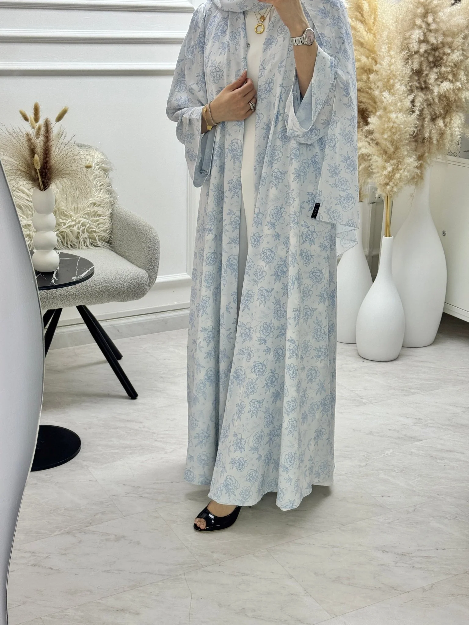 C RTW 1292 Light Blue Floral Printed Abaya - Image 4