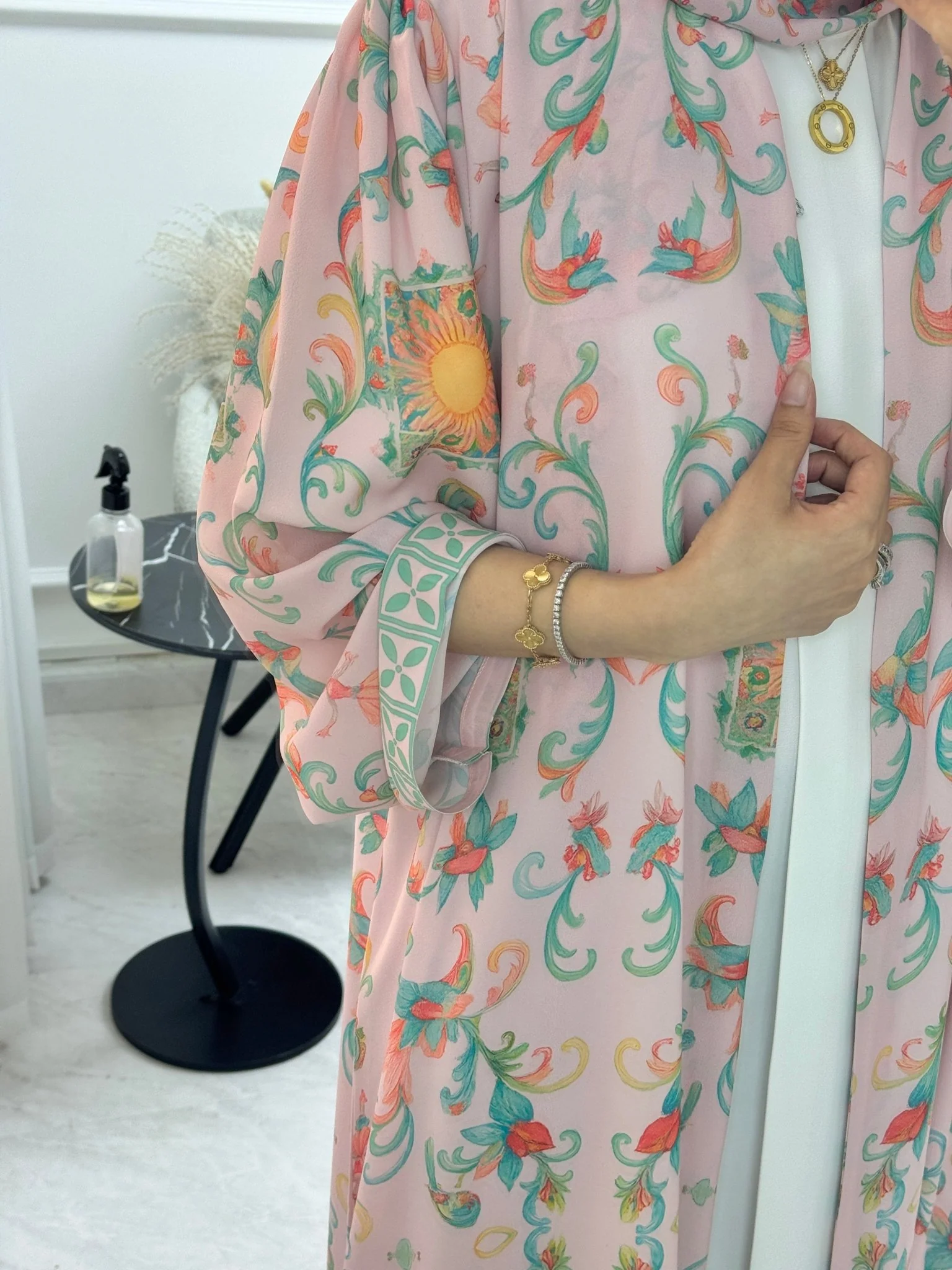 C 1293 Pink Green Floral Printed Abaya - Image 3