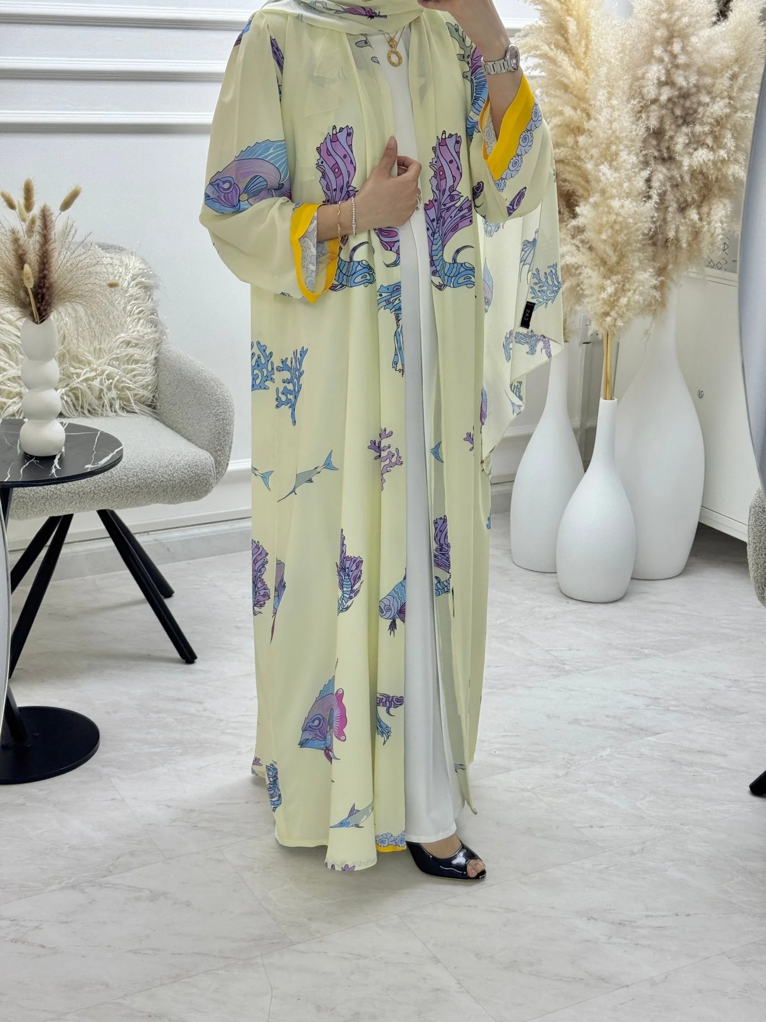C 1295 Cream Reef Printed Abaya - Image 2