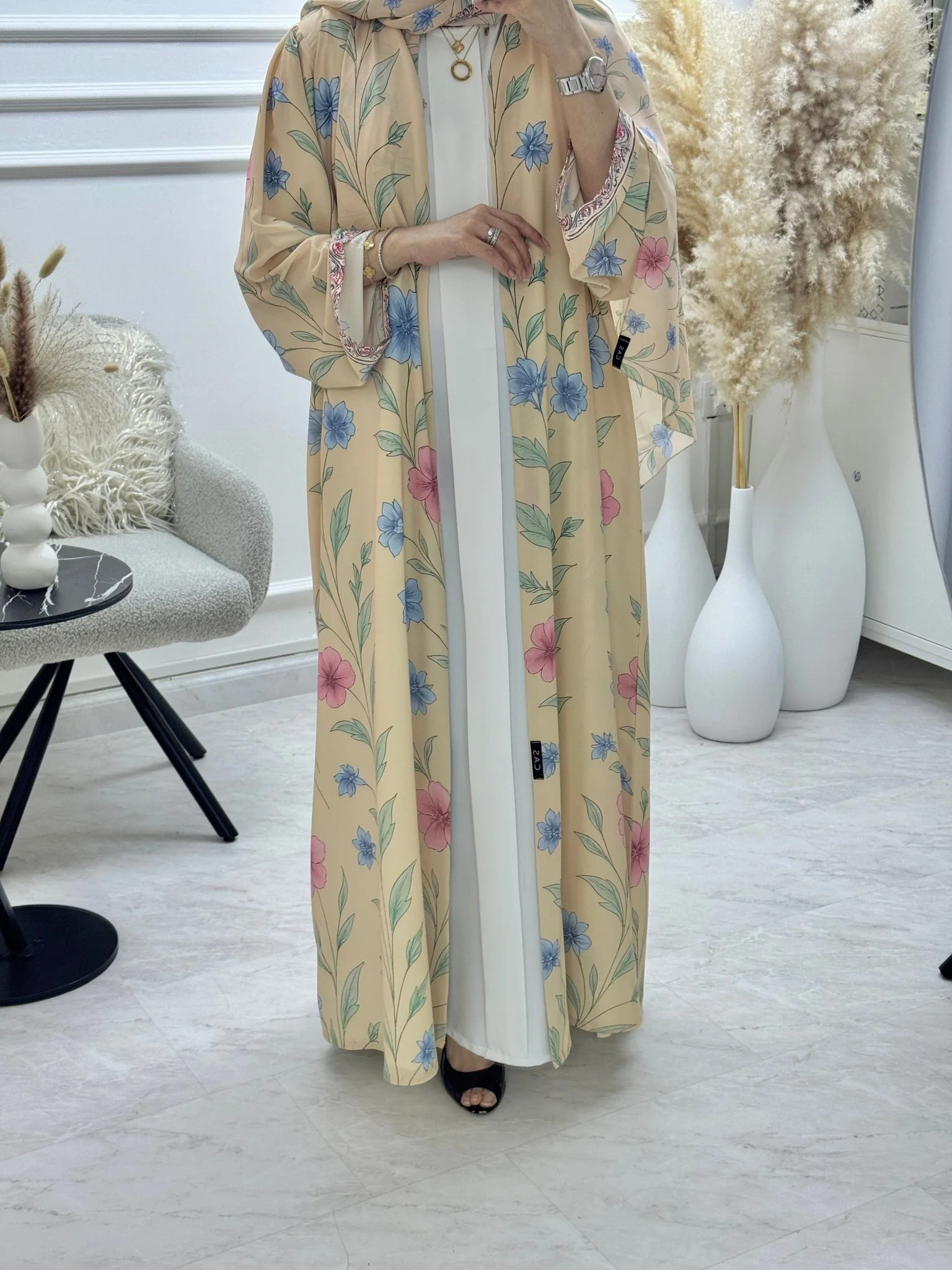 C 1296 Beige Floral Printed Abaya - Image 5