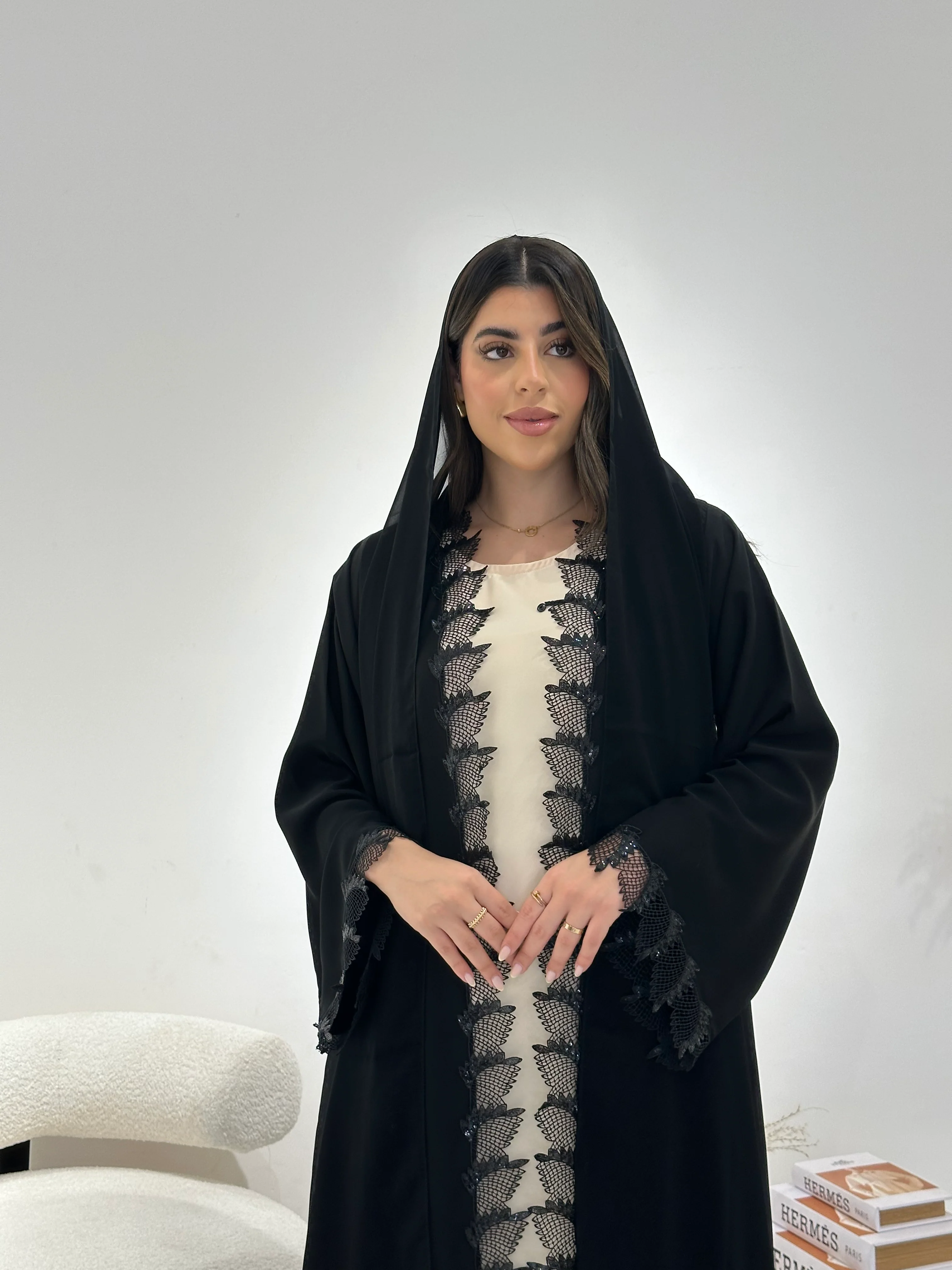 C 1305 Black Lace Abaya - Image 7