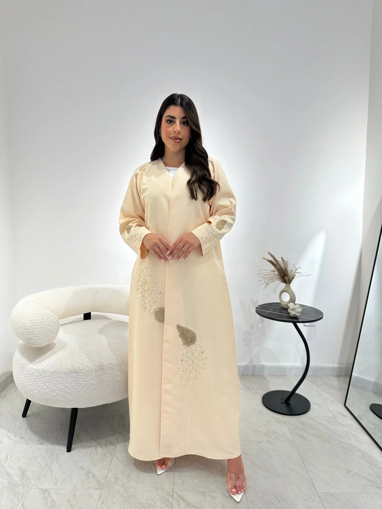 C 1342 Dark Cream Beaded Abaya - Image 2