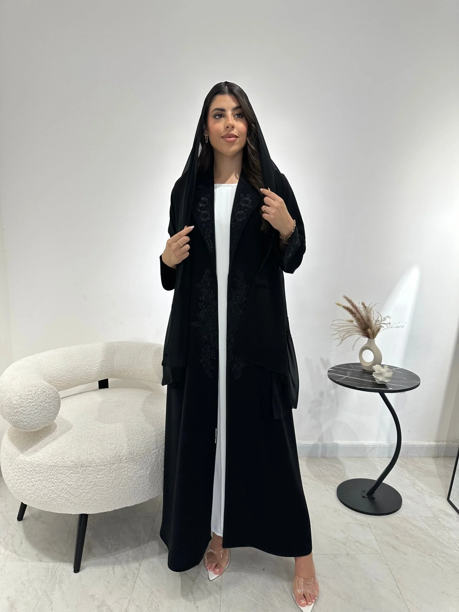 C 1349 Black Coat Beaded Abaya - Image 4