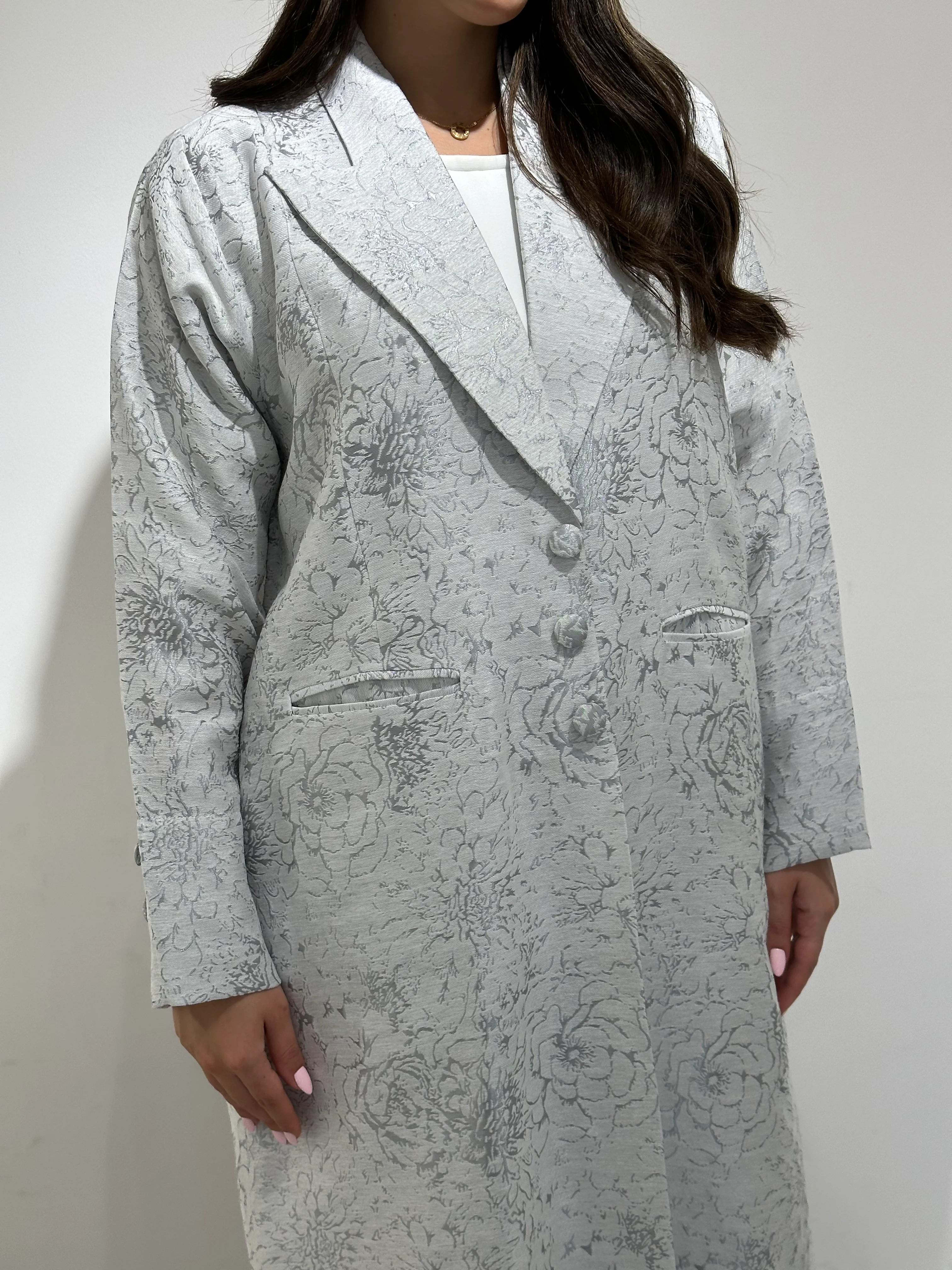 C 1364-01 Light Grey Floral Abaya - Image 3