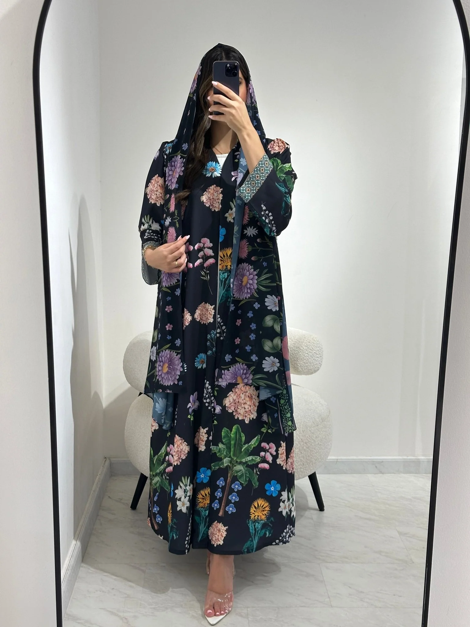 C 1365 Black Floral Printed Abaya - Image 2