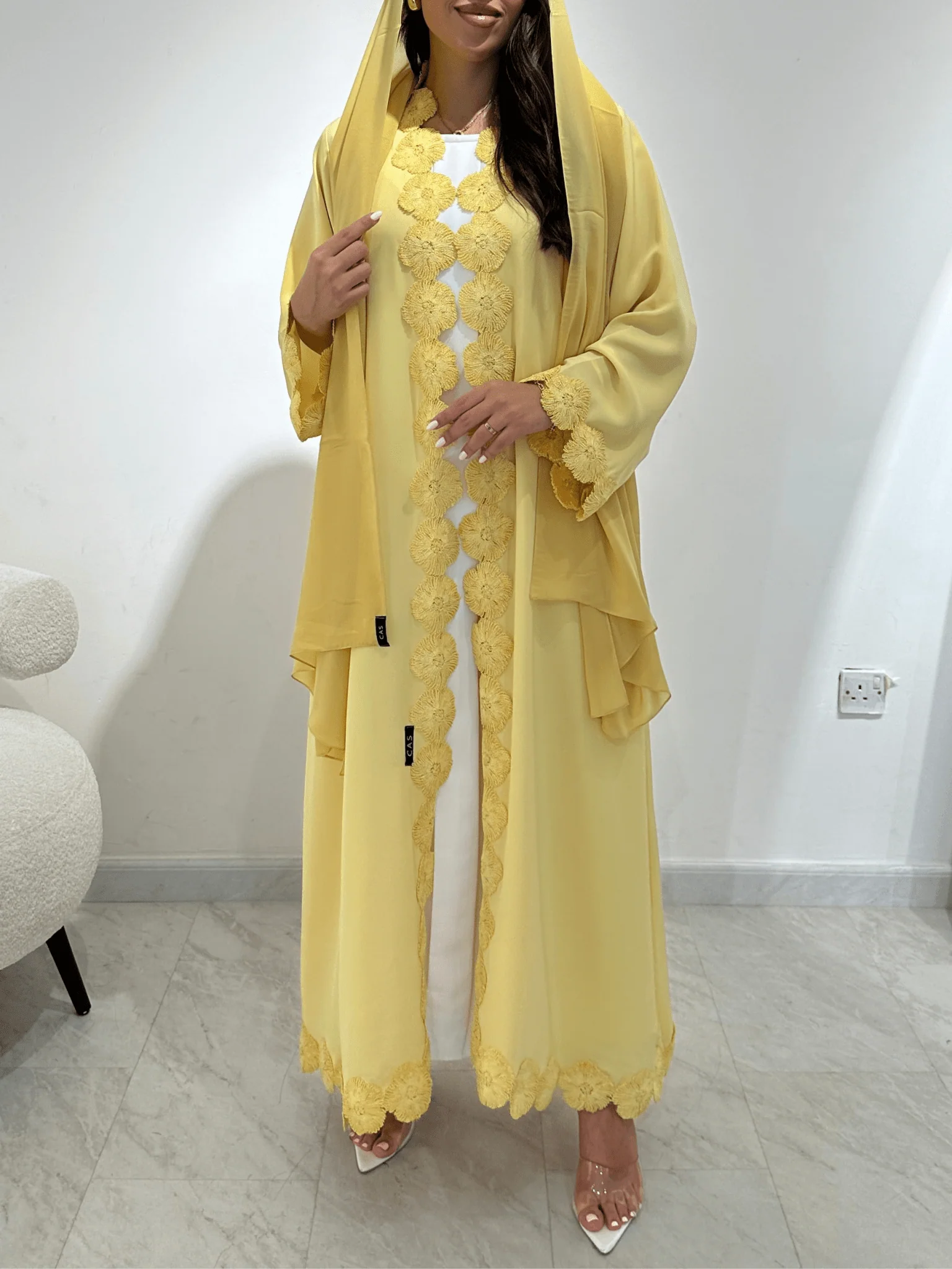 C 1375 Yellow Flowery Lace Abaya - Image 2