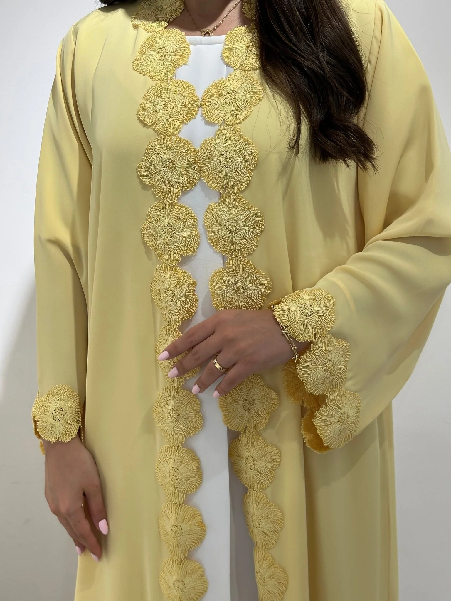 C 1375 Yellow Flowery Lace Abaya - Image 3