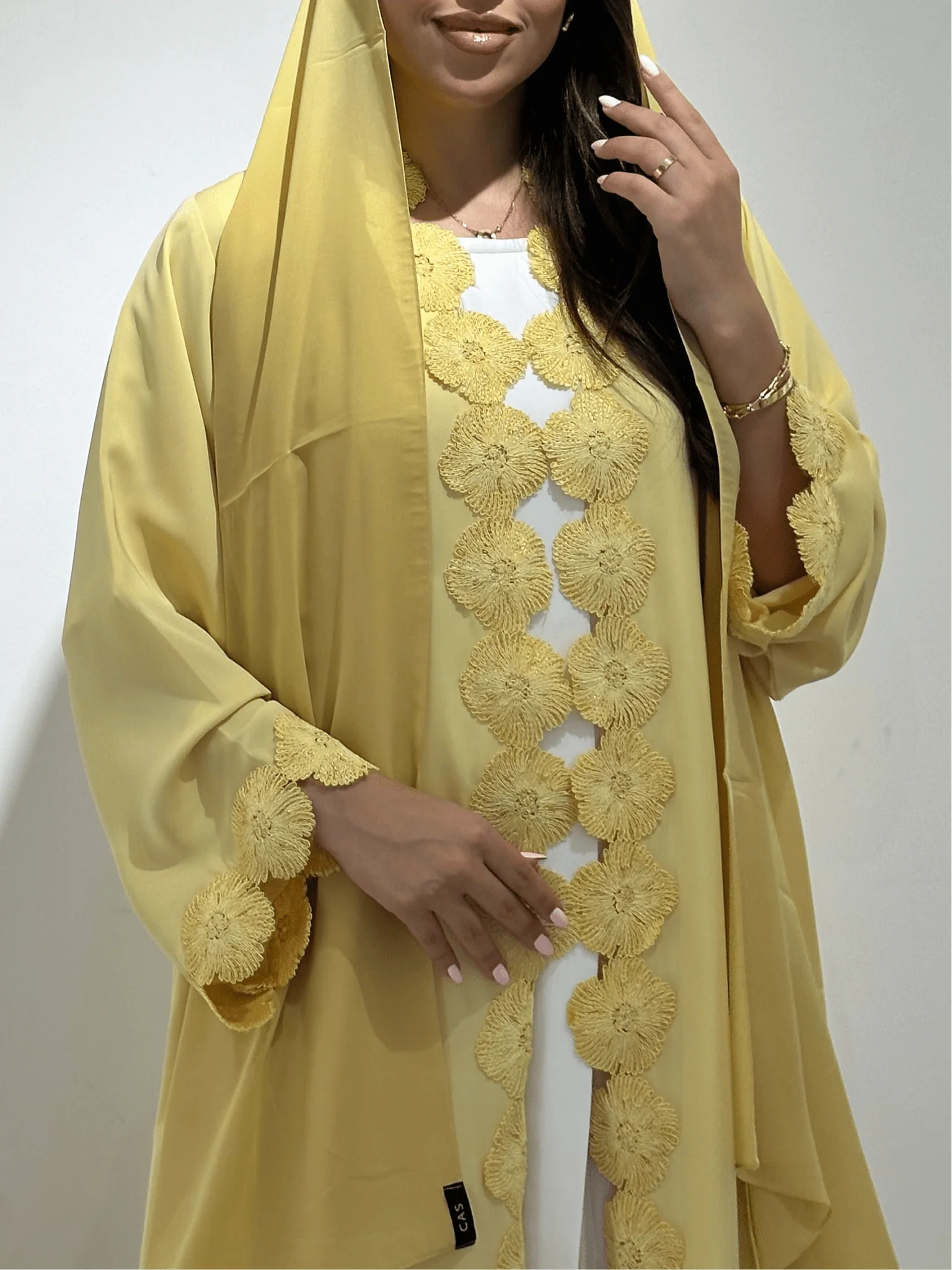 C 1375 Yellow Flowery Lace Abaya - Image 4
