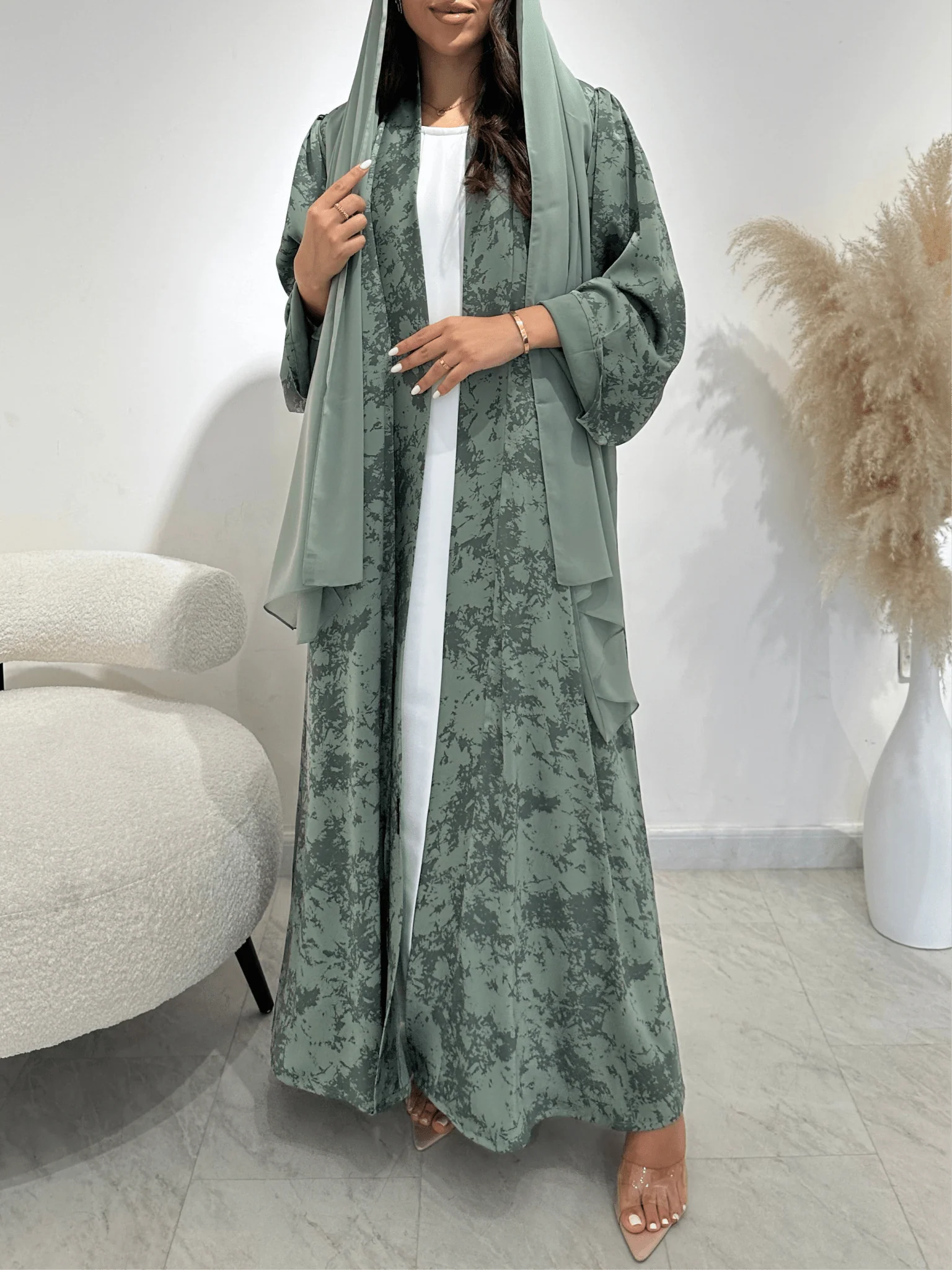 C 1414-01 Sea Green Printed Abaya - Image 2