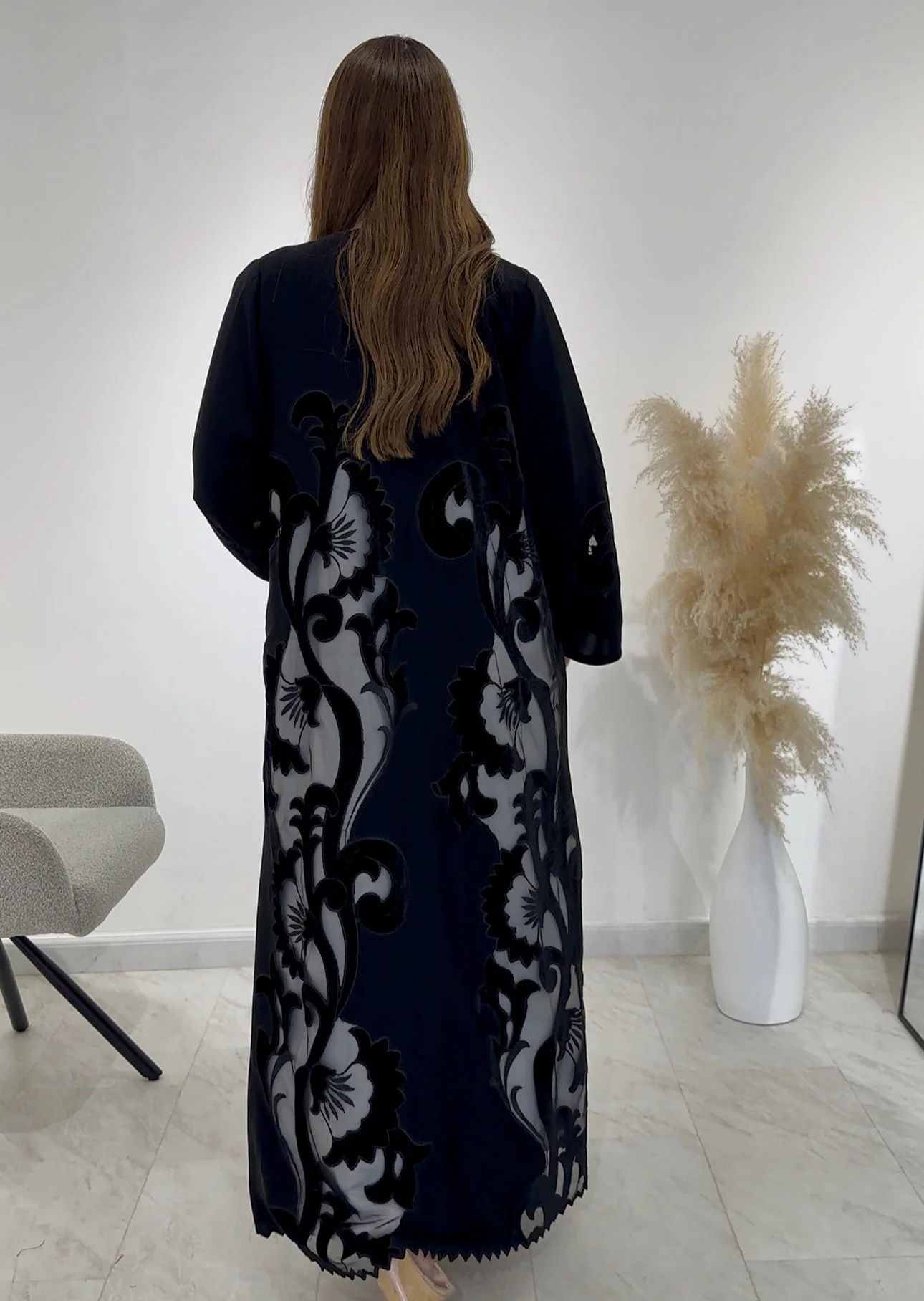 C 1485 Black Velvet Dantel Abaya - Image 3
