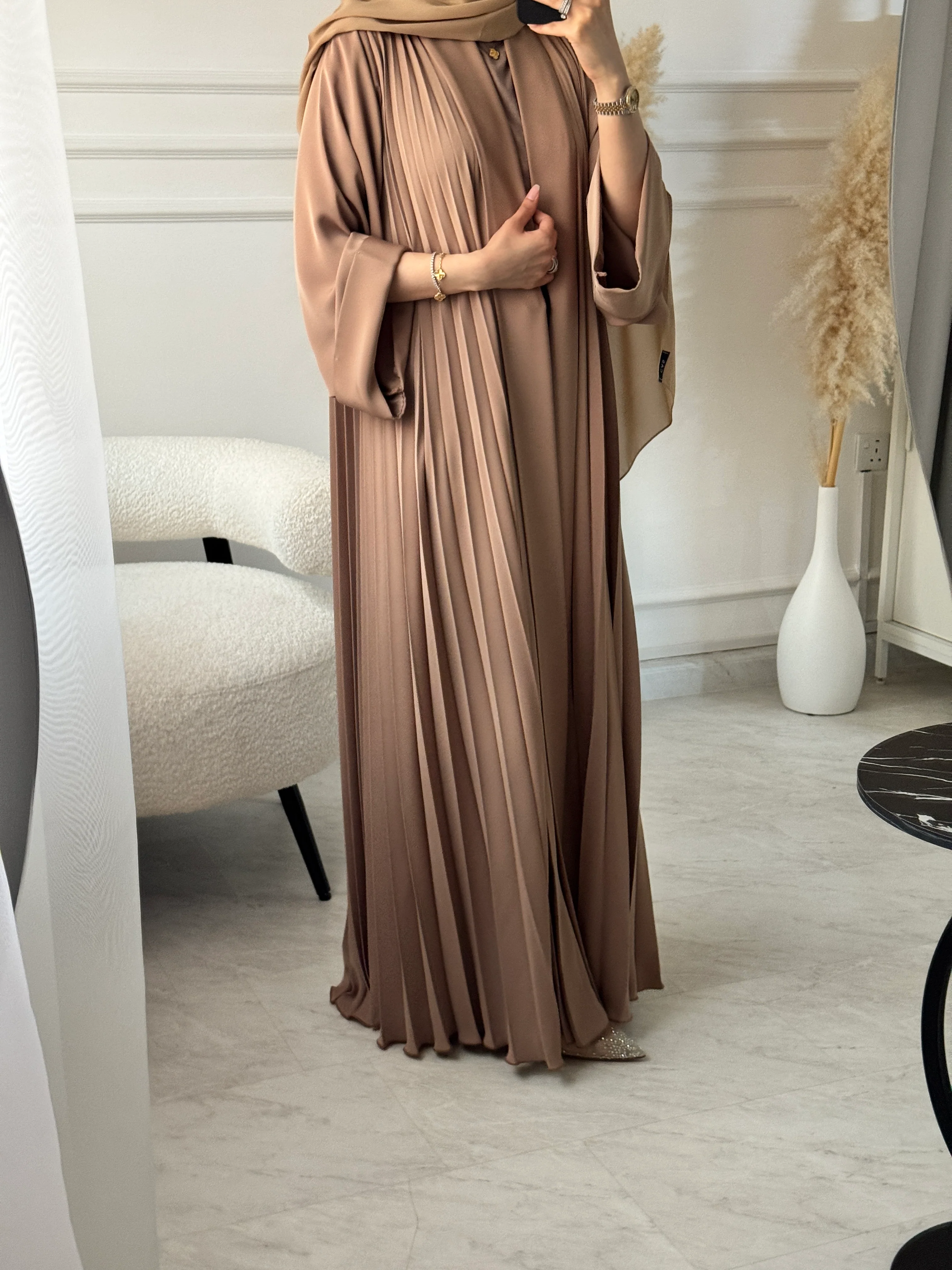 C 1517-05 Camel Premium Nada Pleated Abaya - Image 3