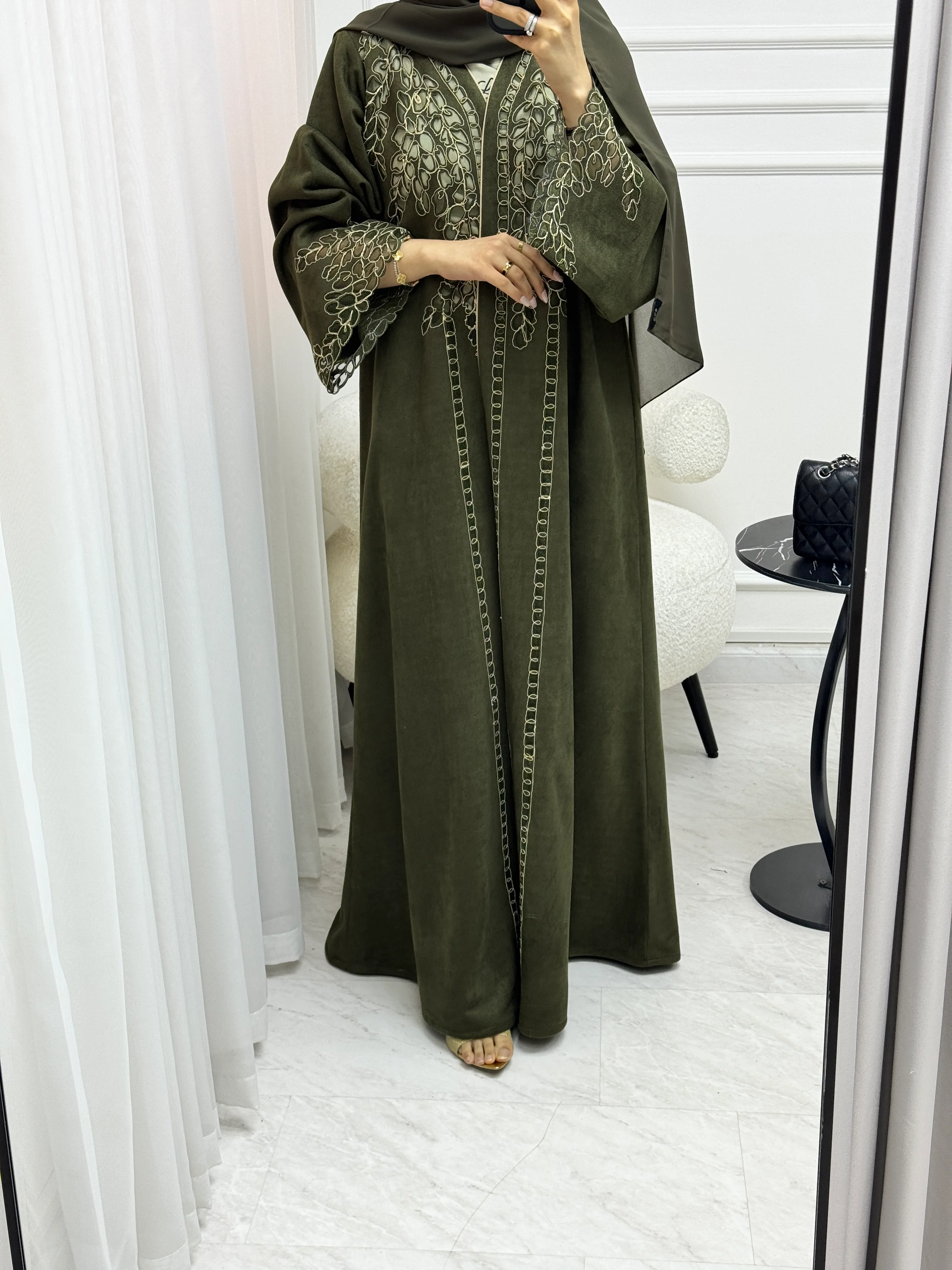 C 1541 Olive Lasercut Abaya - Image 4