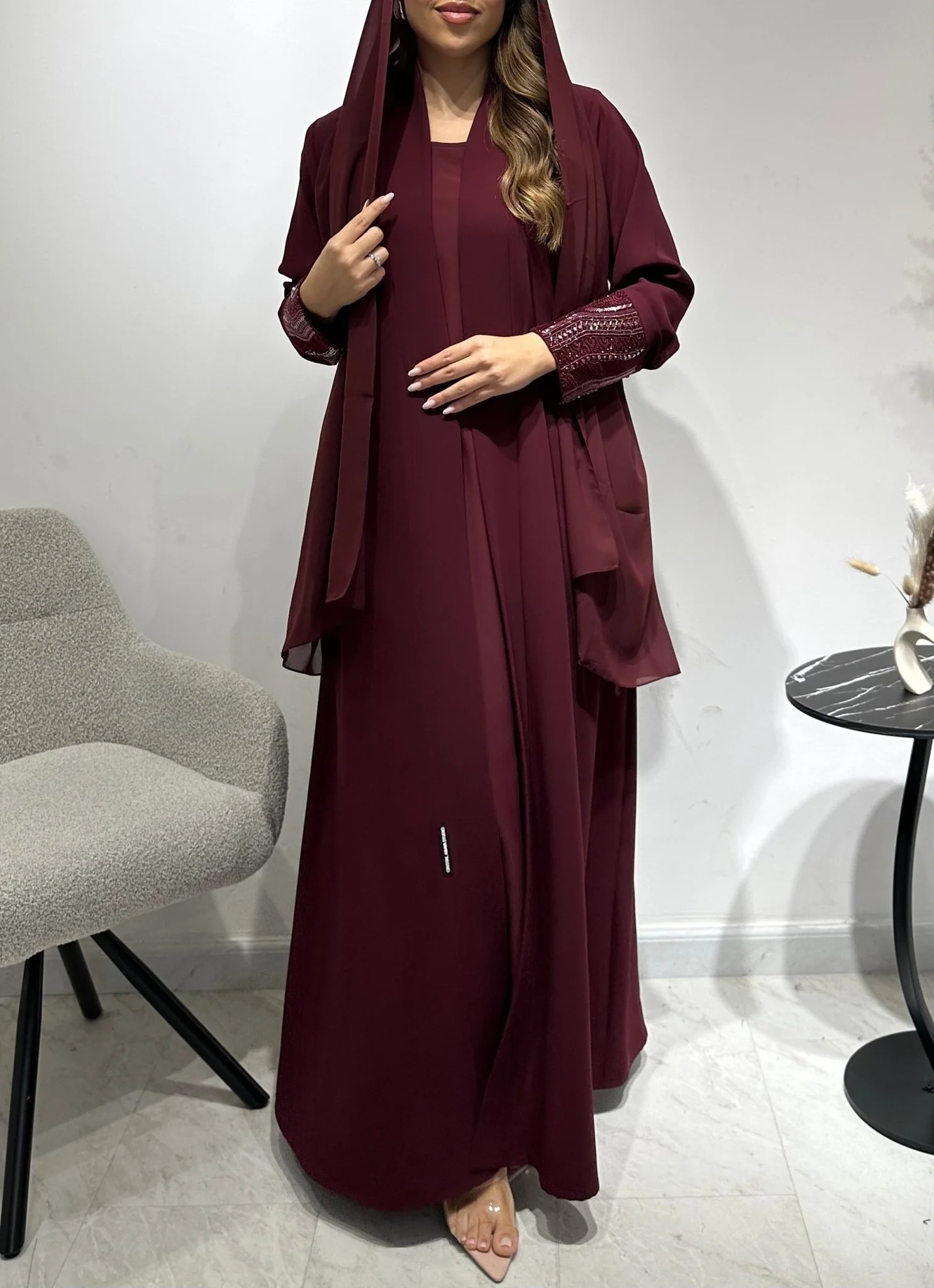 C 1551-01 Burgundy Beaded Abaya - Image 2