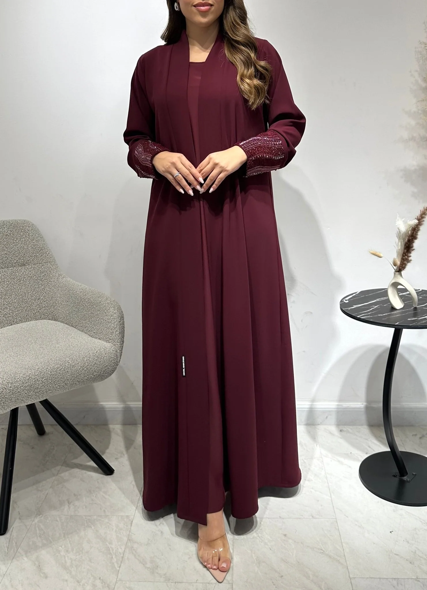 C 1551-01 Burgundy Beaded Abaya - Image 4