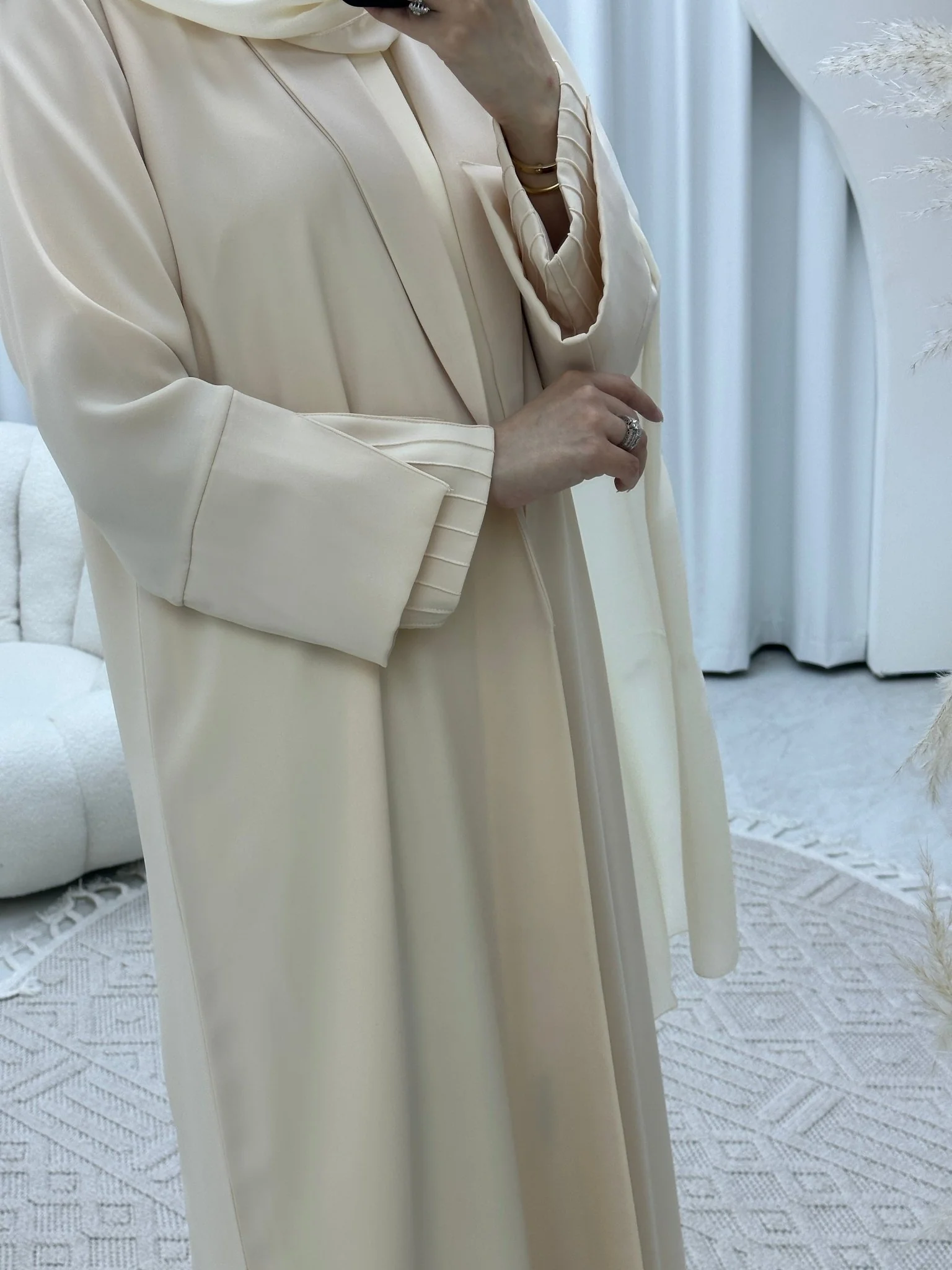 C 1553 Striped Sleeves Cream Abaya - Image 2