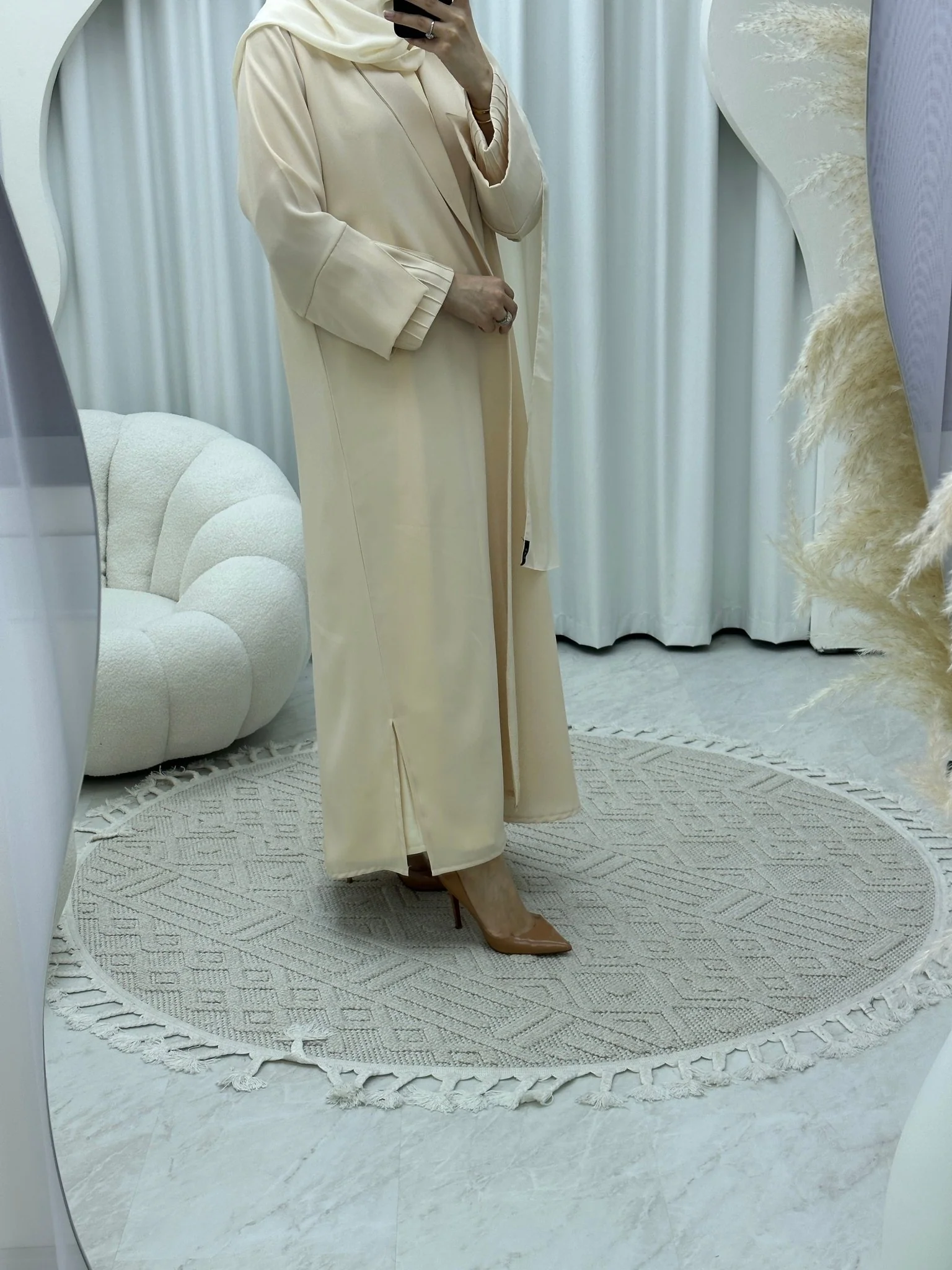 C 1553 Striped Sleeves Cream Abaya - Image 9