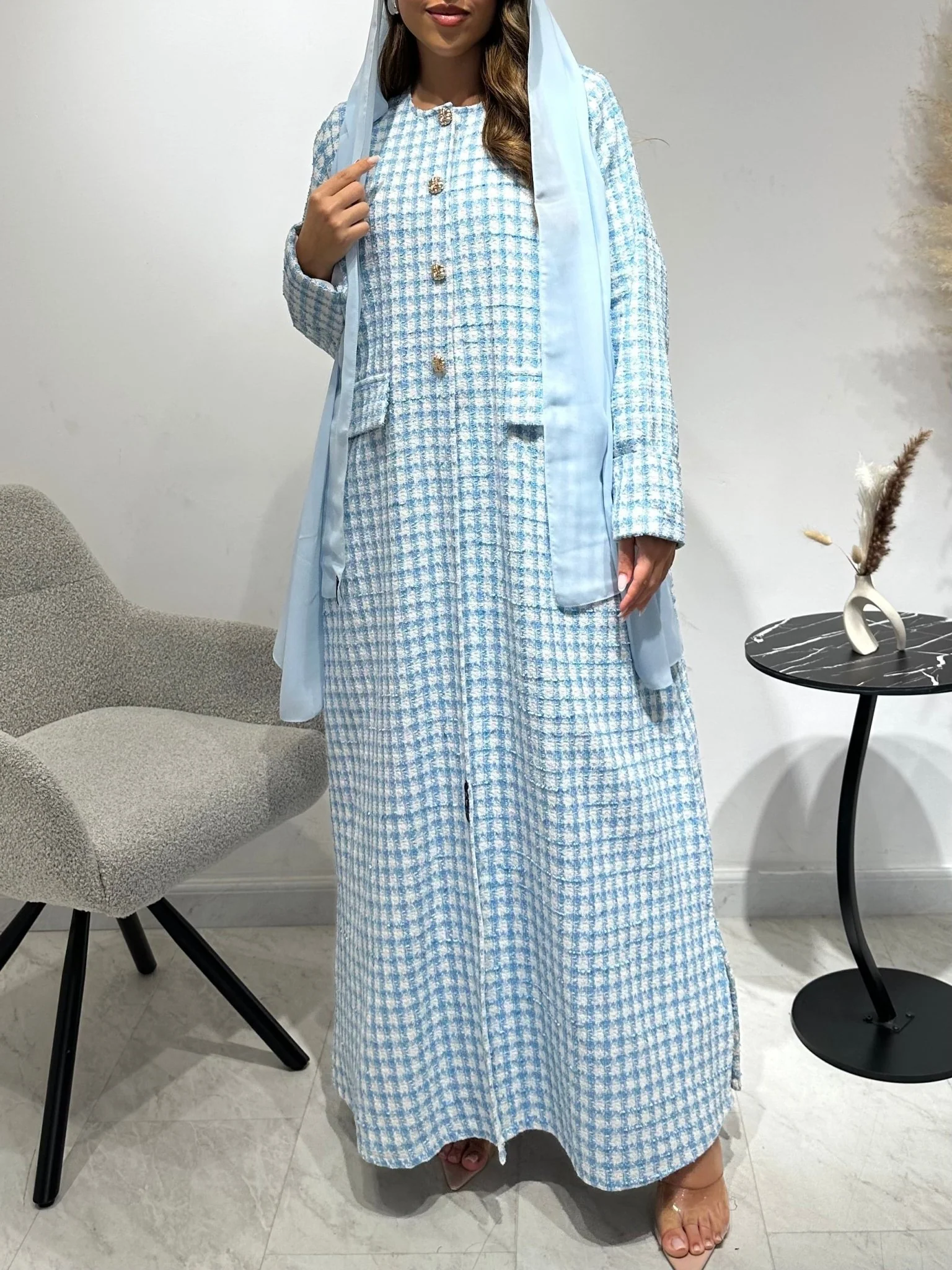 C 1585-04 Baby Blue Tweed Abaya - Image 5