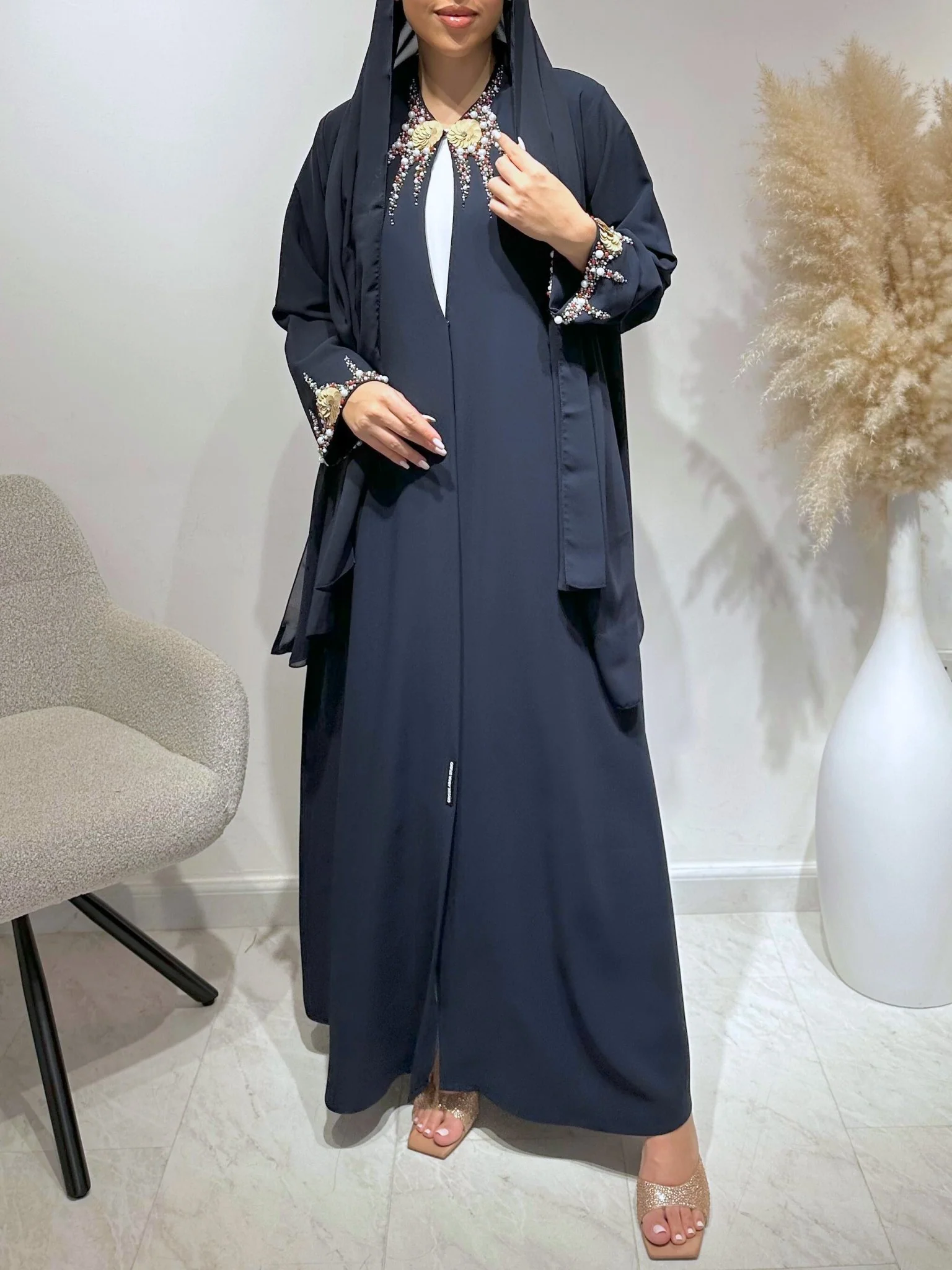 C 1625 Midnight Blue Beaded Abaya - Image 4