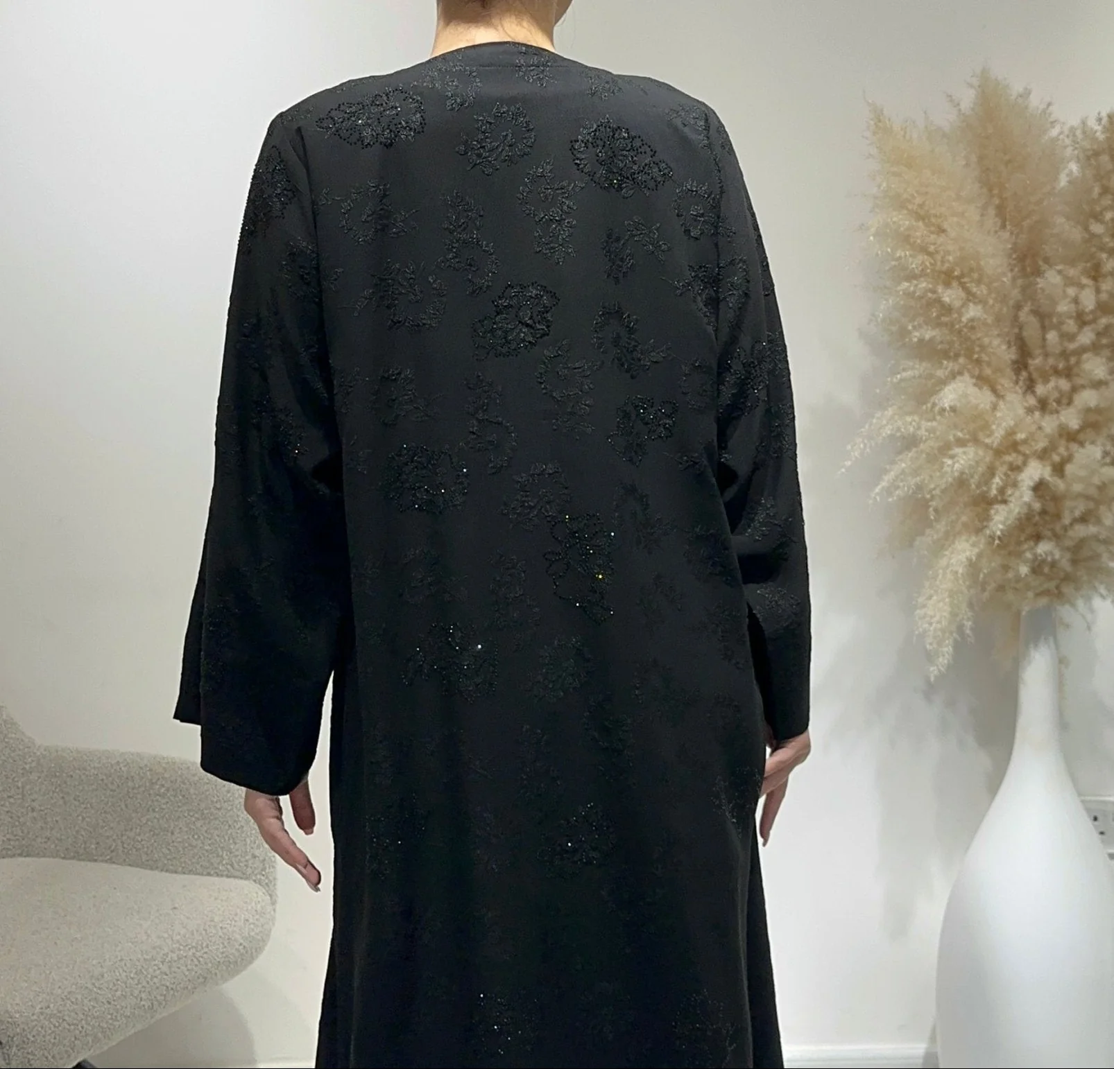 C 1640 Black Beaded Coat Abaya - Image 3