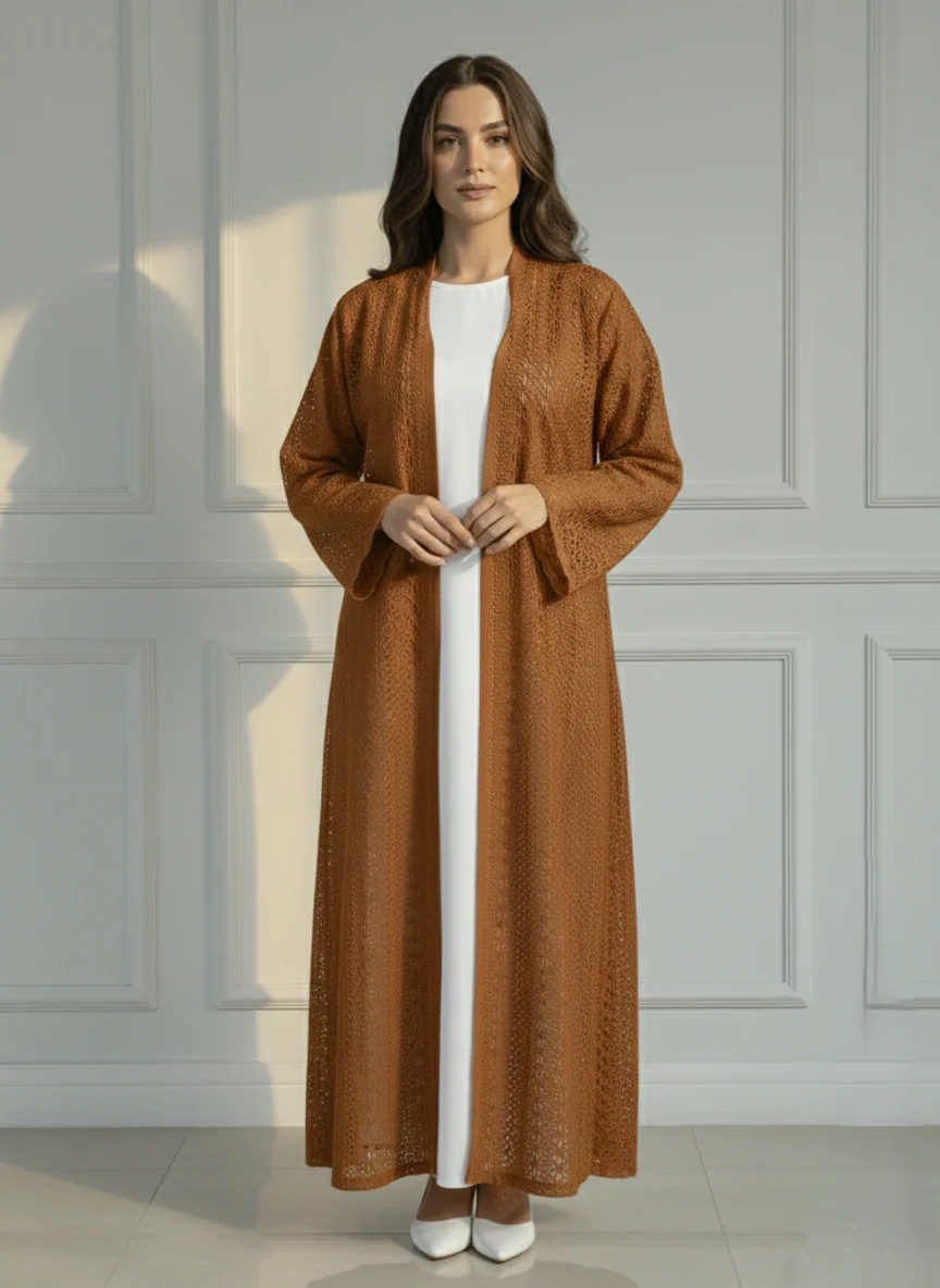 C 1717-05 Rust Orange Dantel Abaya - Image 5
