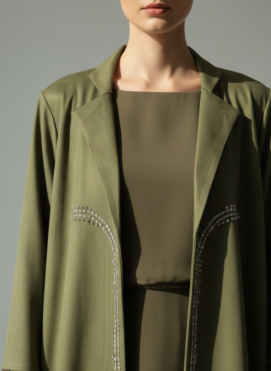 C 1754 Olive Green Beaded Abaya - Image 2