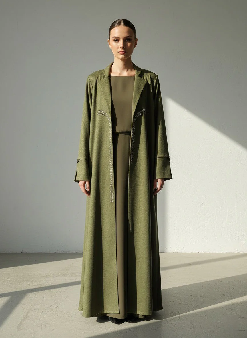 C 1754 Olive Green Beaded Abaya - Image 3
