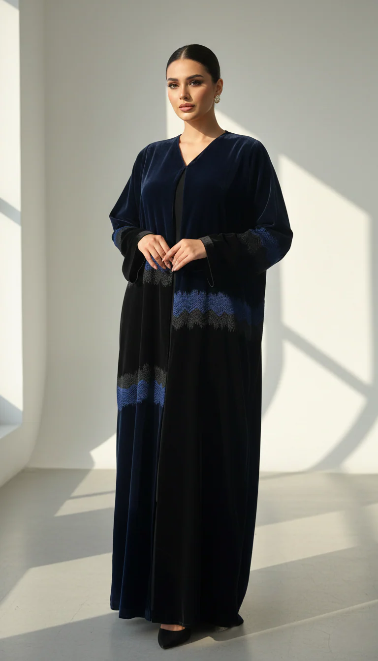 C 1755 Black Blue Velvet Abaya - Image 2