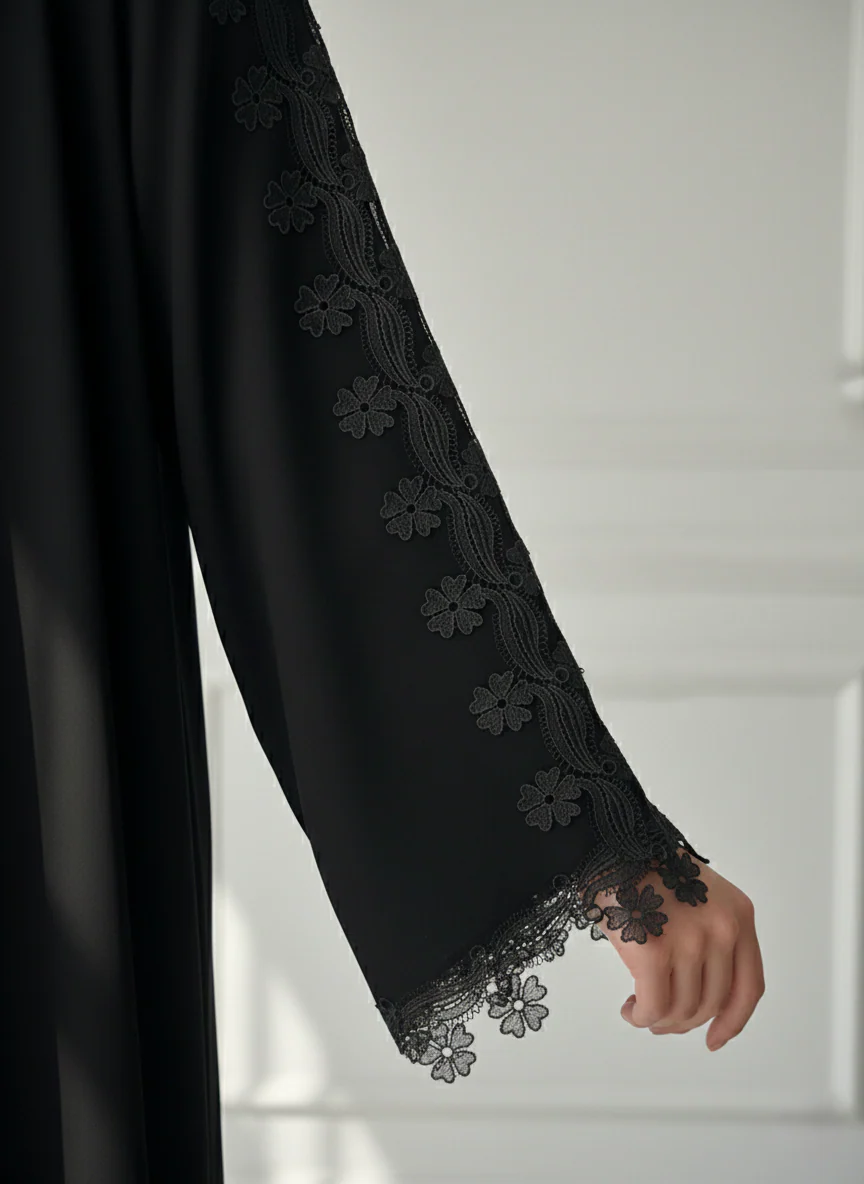 C 1771 Black Floral Lace Abaya - Image 2