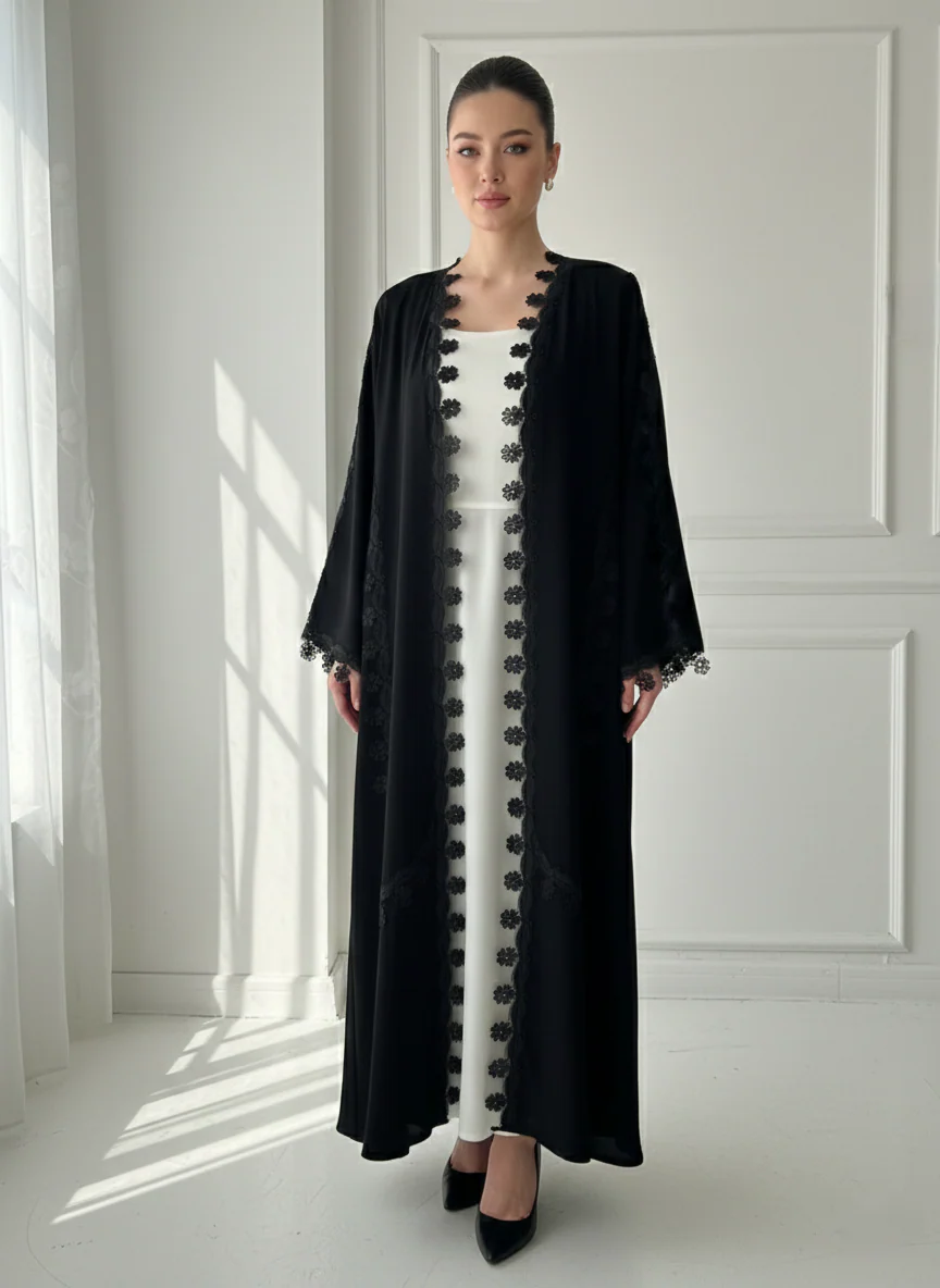C 1771 Black Floral Lace Abaya - Image 3