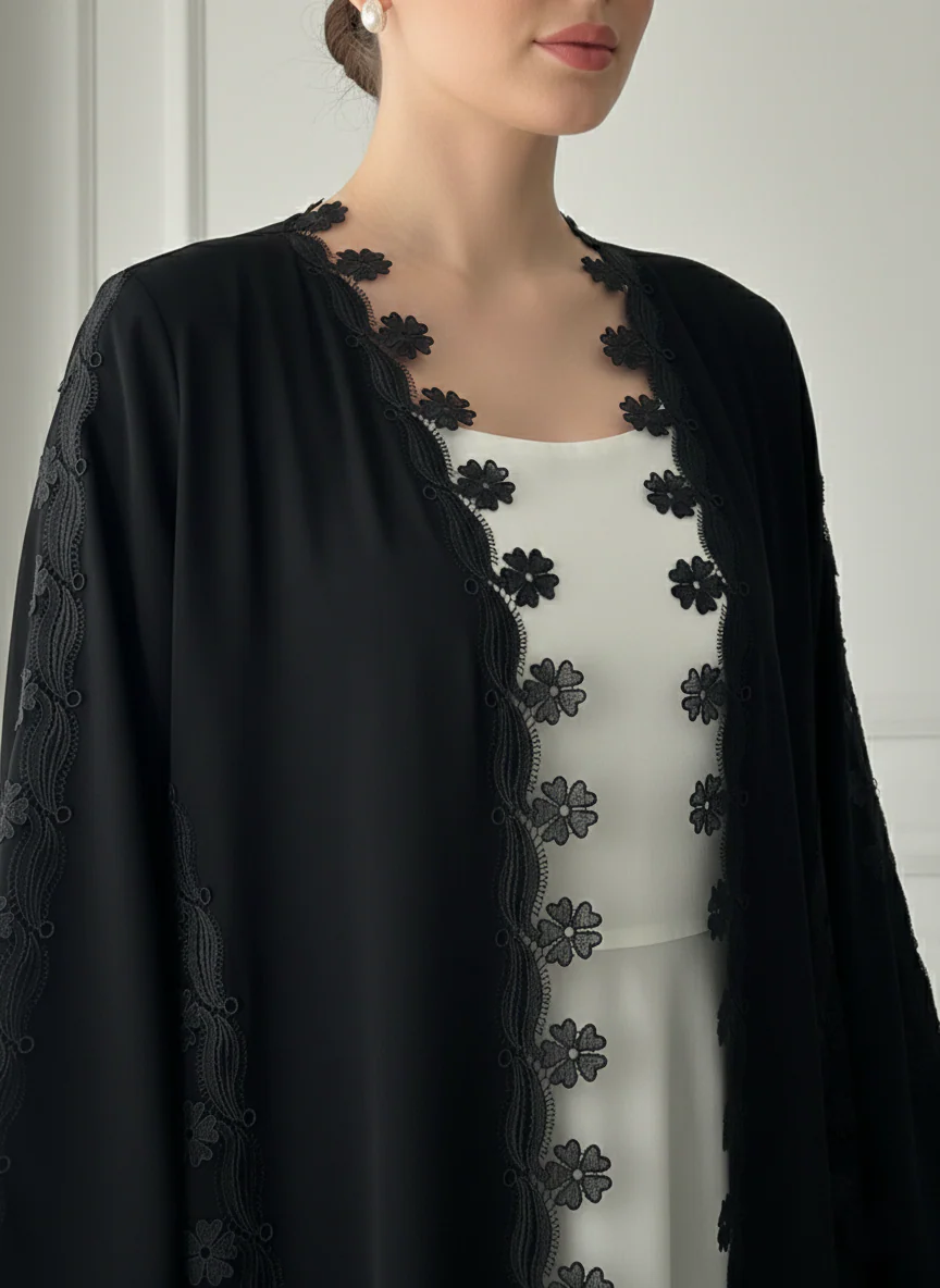 C 1771 Black Floral Lace Abaya - Image 4