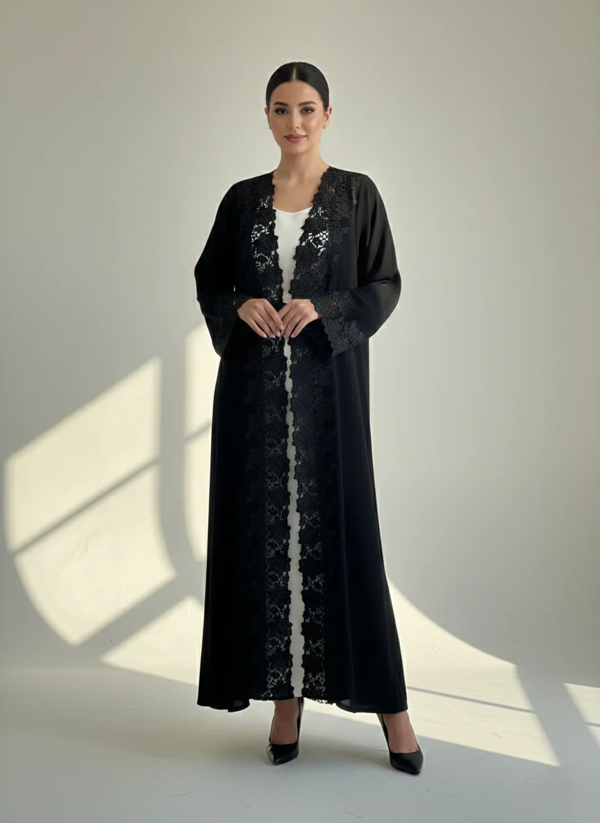 C 1774 Black Floral Lace Abaya - Image 2