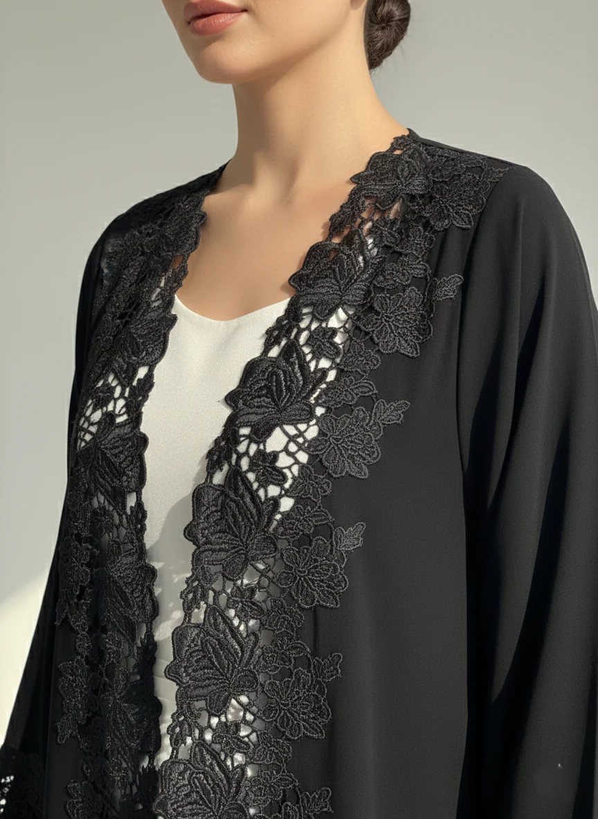 C 1774 Black Floral Lace Abaya - Image 3