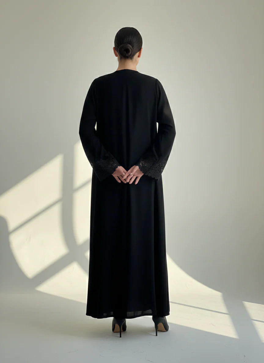 C 1774 Black Floral Lace Abaya - Image 4