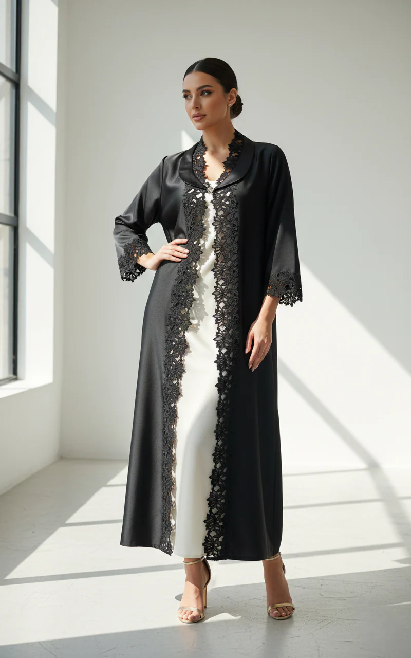 C 1778 Black Floral Lace Abaya - Image 2