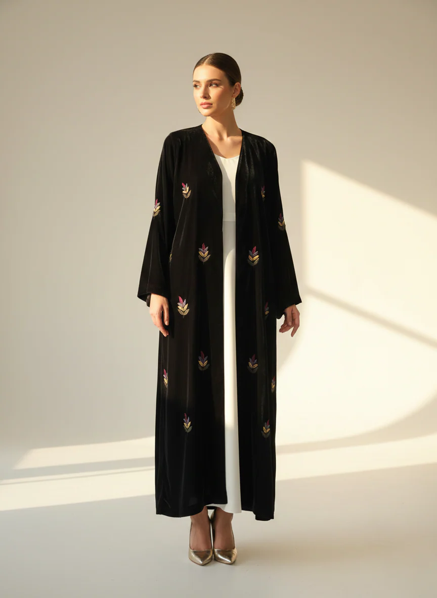 C 1787 Black Embroidered Velvet Abaya - Image 2