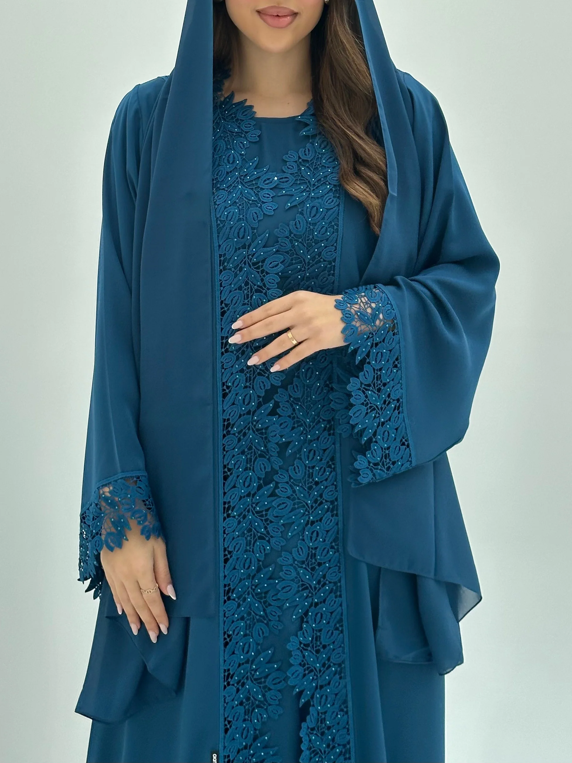C 1810 Blue Crystal Lace Abaya - Image 5