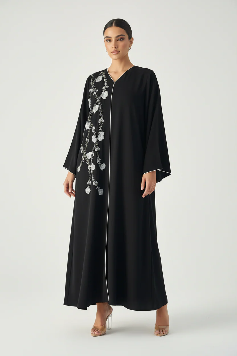 C 1909 Black Beaded Floral Abaya - Image 2