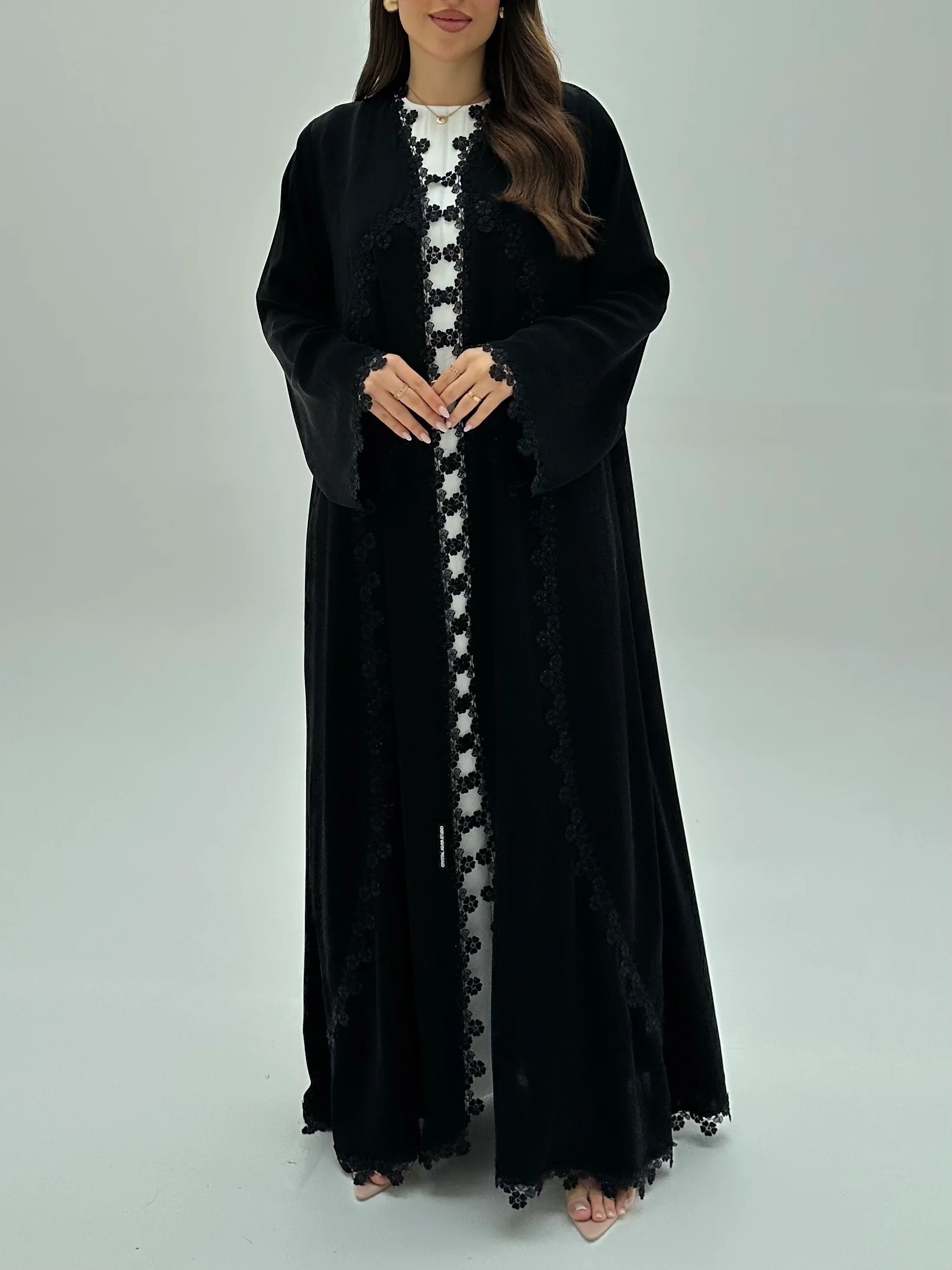 C 1948 Black Crystal Floral Lace Abaya - Image 2