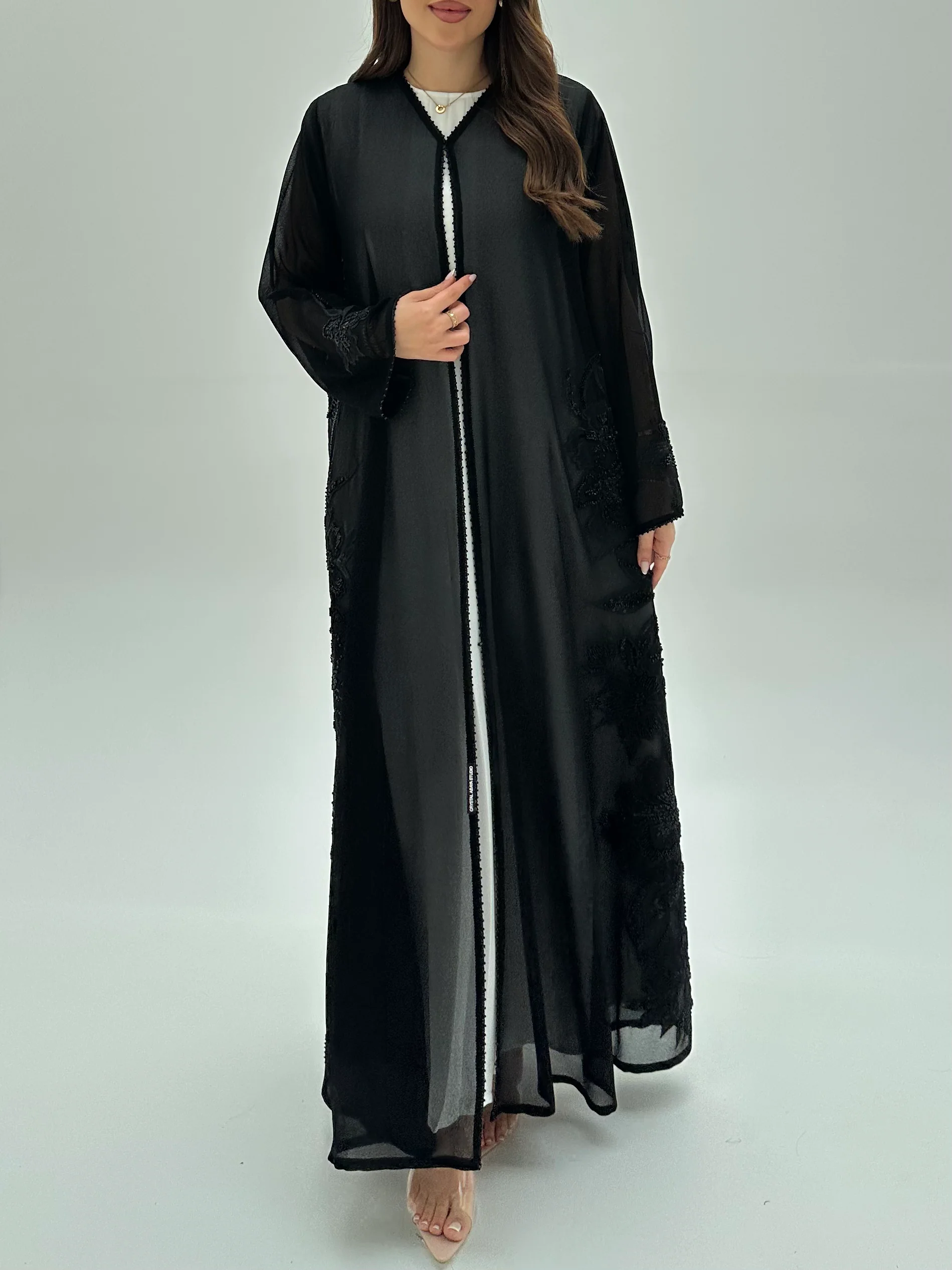 C 1950 Black Beaded Lace Abaya - Image 2
