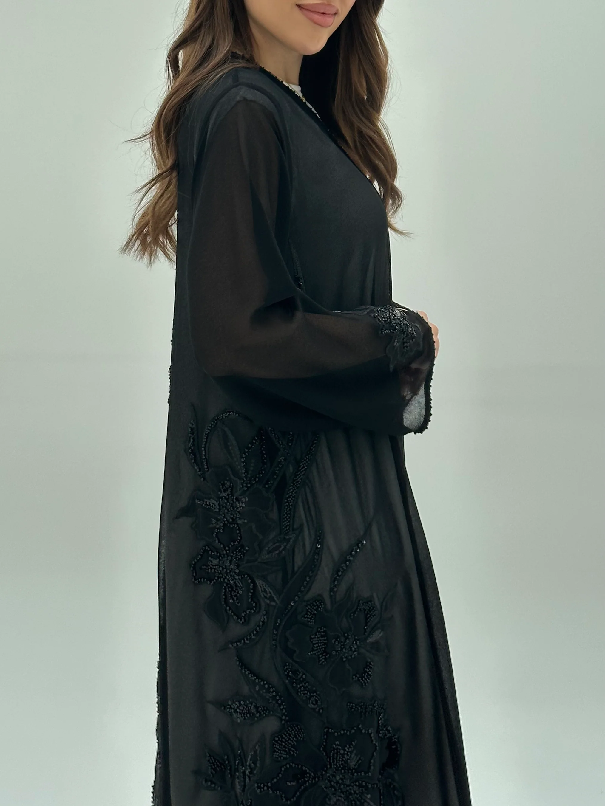 C 1950 Black Beaded Lace Abaya - Image 3