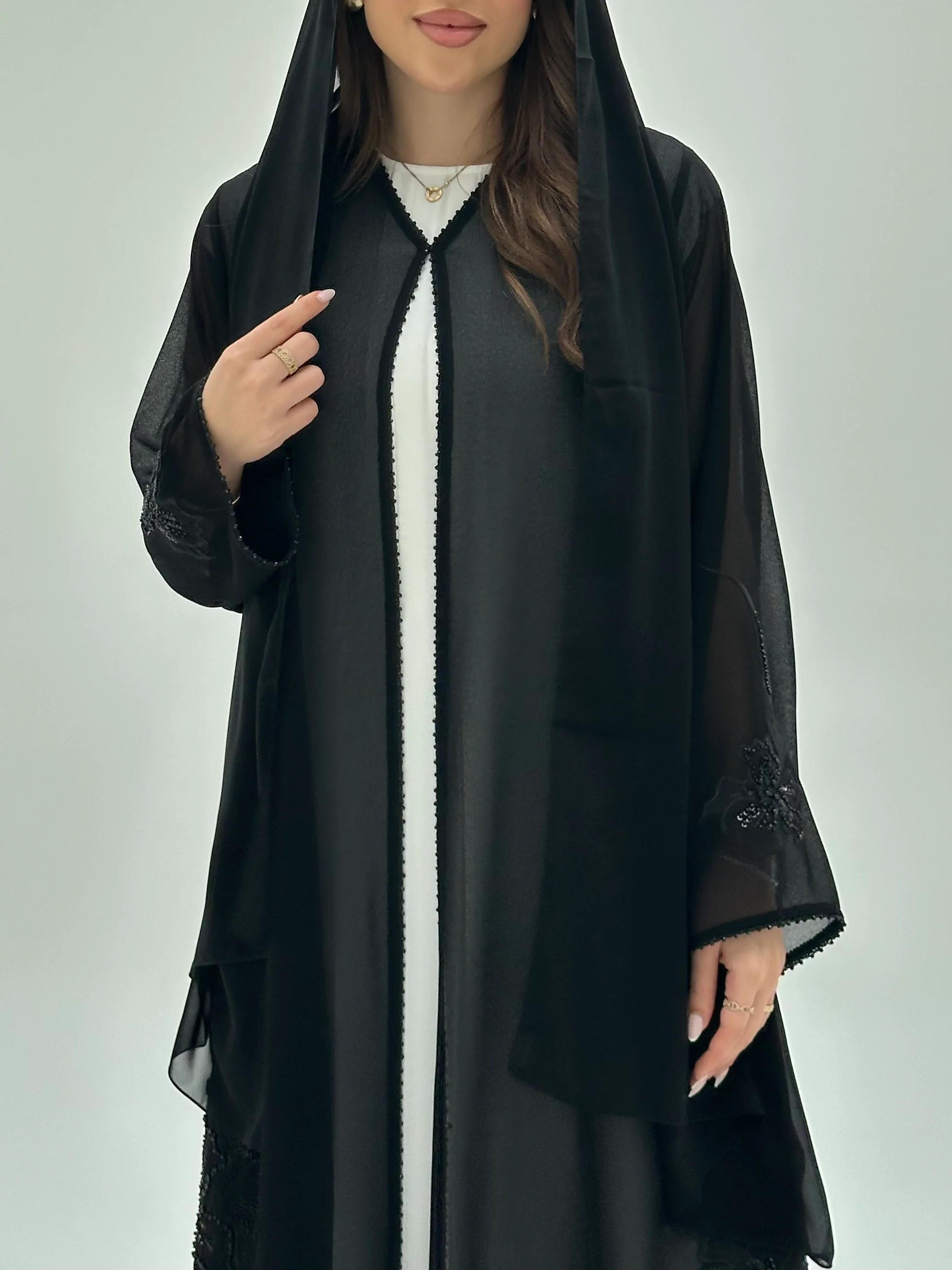 C 1950 Black Beaded Lace Abaya - Image 5