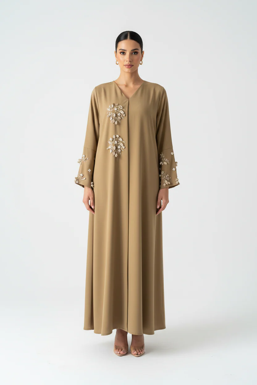 C 1988 Sand Brown Beaded Abaya - Image 2