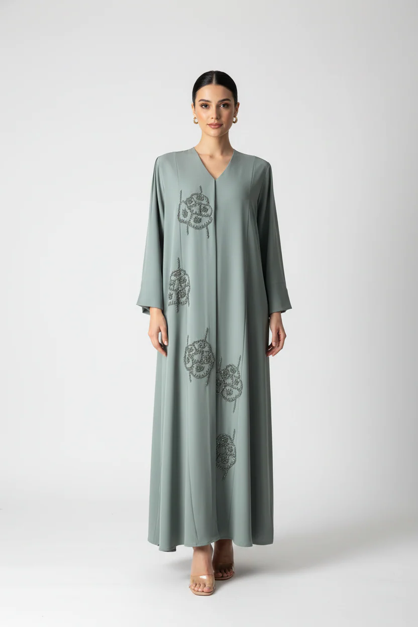 C 2020 Sage Green Beaded Abaya - Image 2