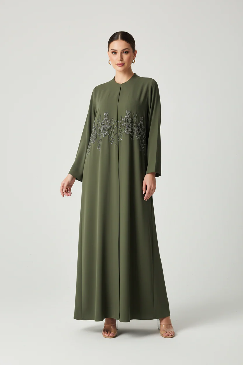 C 2021 Olive Green Beaded Abaya - Image 2