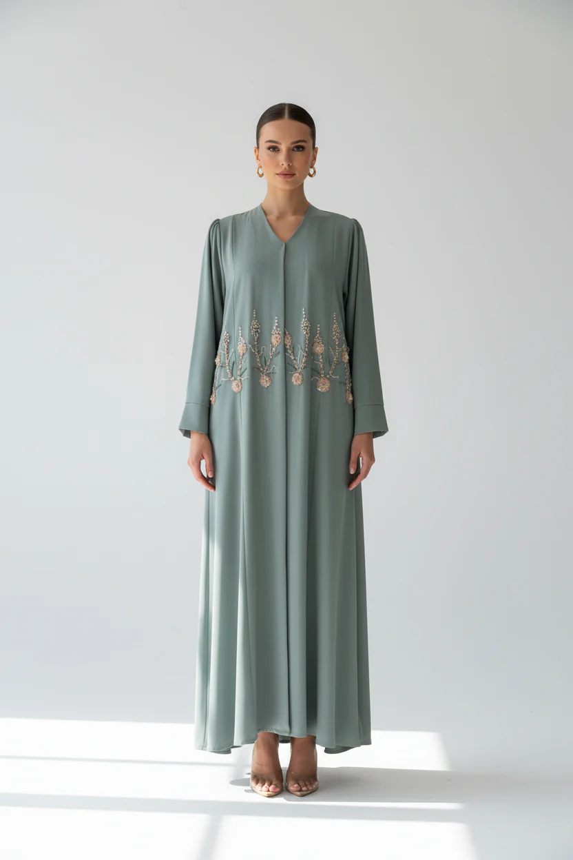 C 2022 Sage Green Beaded Abaya - Image 2