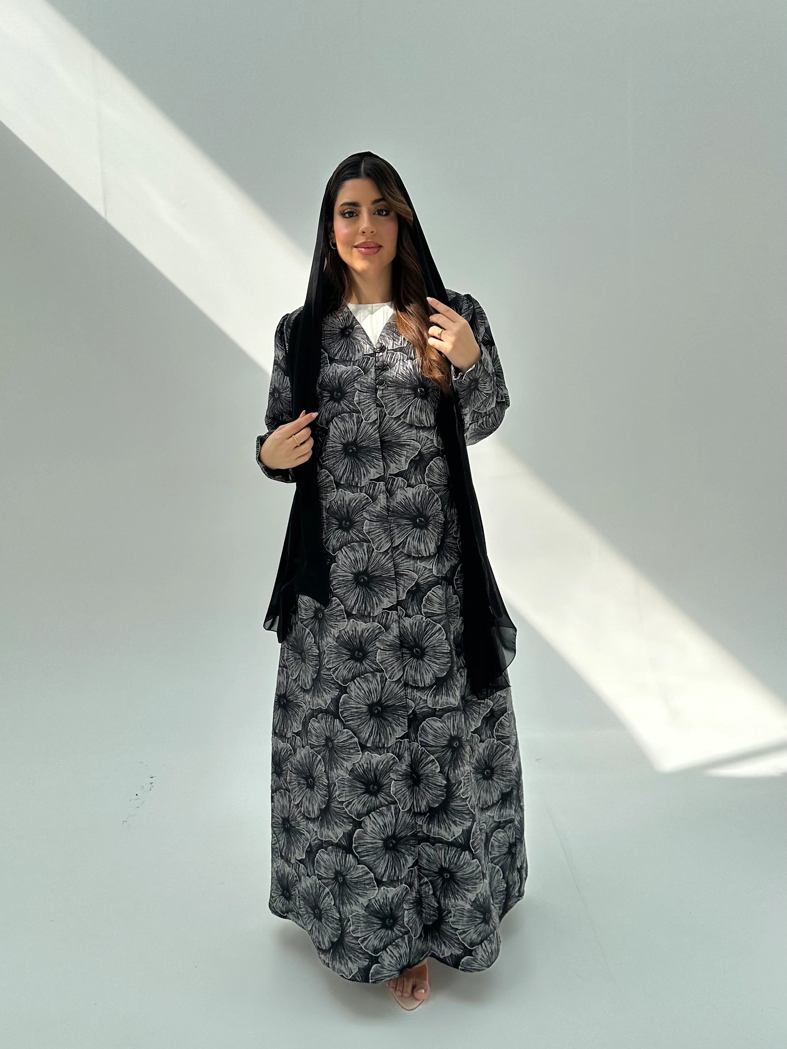 C 2055 Dark Grey Floral Abaya - Image 4