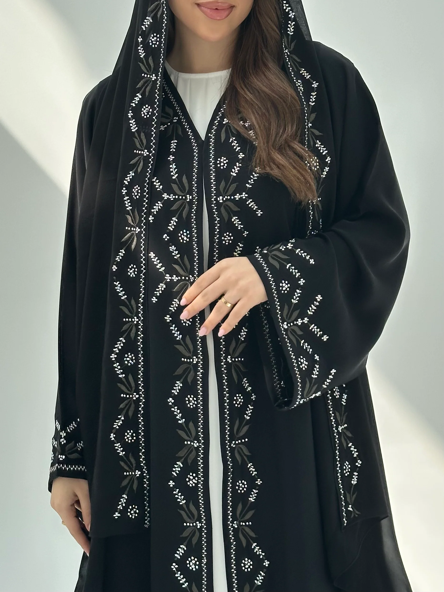 C 2058 Black Embroidered Crystal Abaya - Image 4