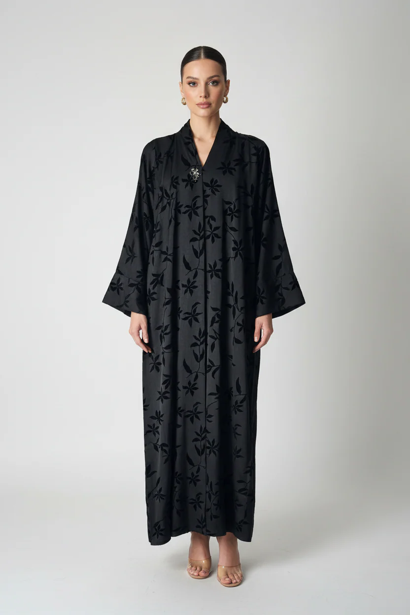 C 2082 Black Floral Printed Abaya - Image 2