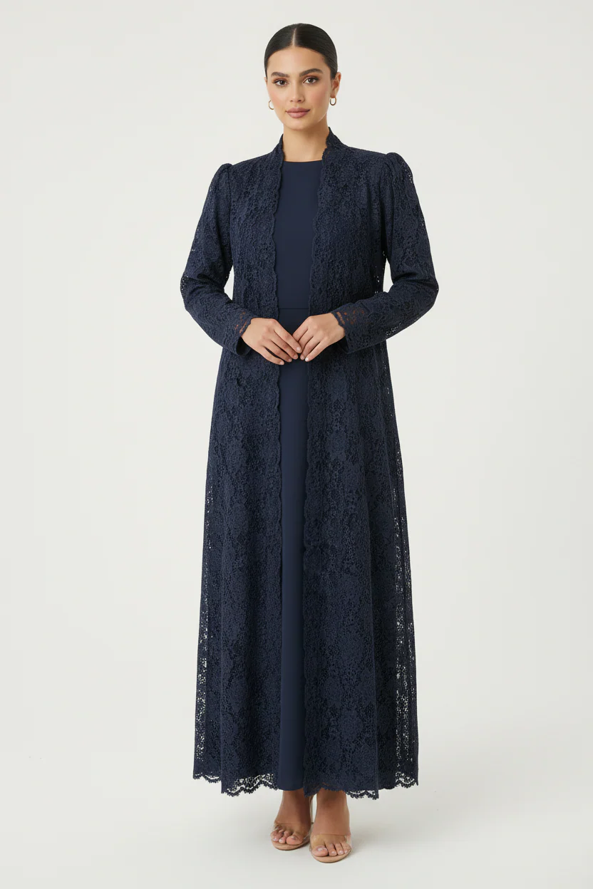 C 2088-02 Navy Blue Dantel Abaya - Image 2